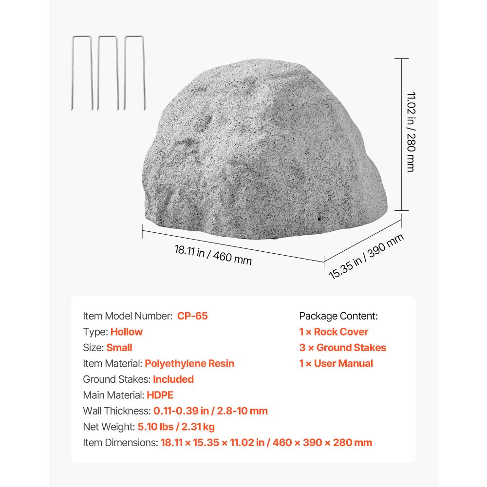 VEVOR Faux Rock Cover, Outdoor Fake Rock Well Pump Cover, Realistic Natural Texture, Lightweight & Weather-Resistant Polyresin Artificial Boulder for Landscaping Garden Yard Décor, Grey, Small Size