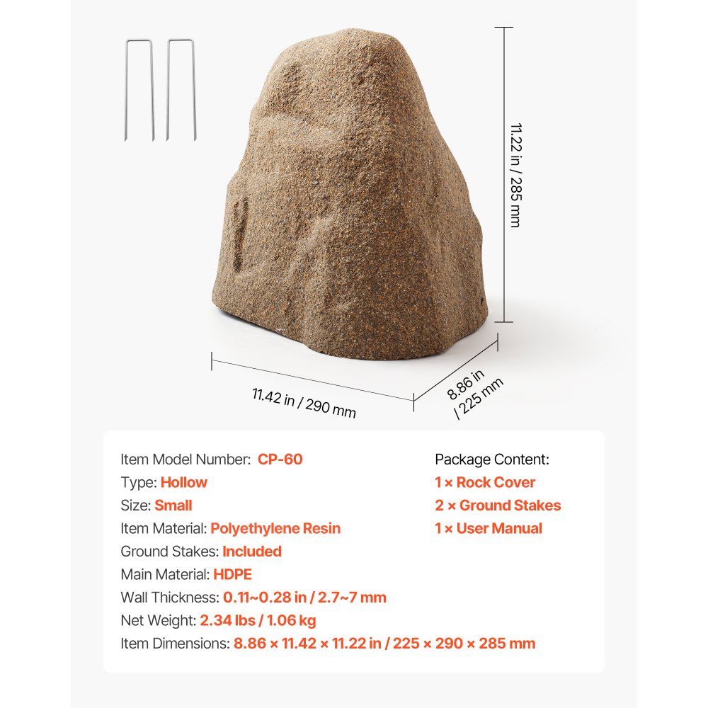 VEVOR Faux Rock Cover, Outdoor Fake Rock Well Pump Cover, Realistic Natural Texture, Lightweight & Weather-Resistant Artificial Boulder for Landscaping Garden Yard Décor, Sandy Brown, Small Size