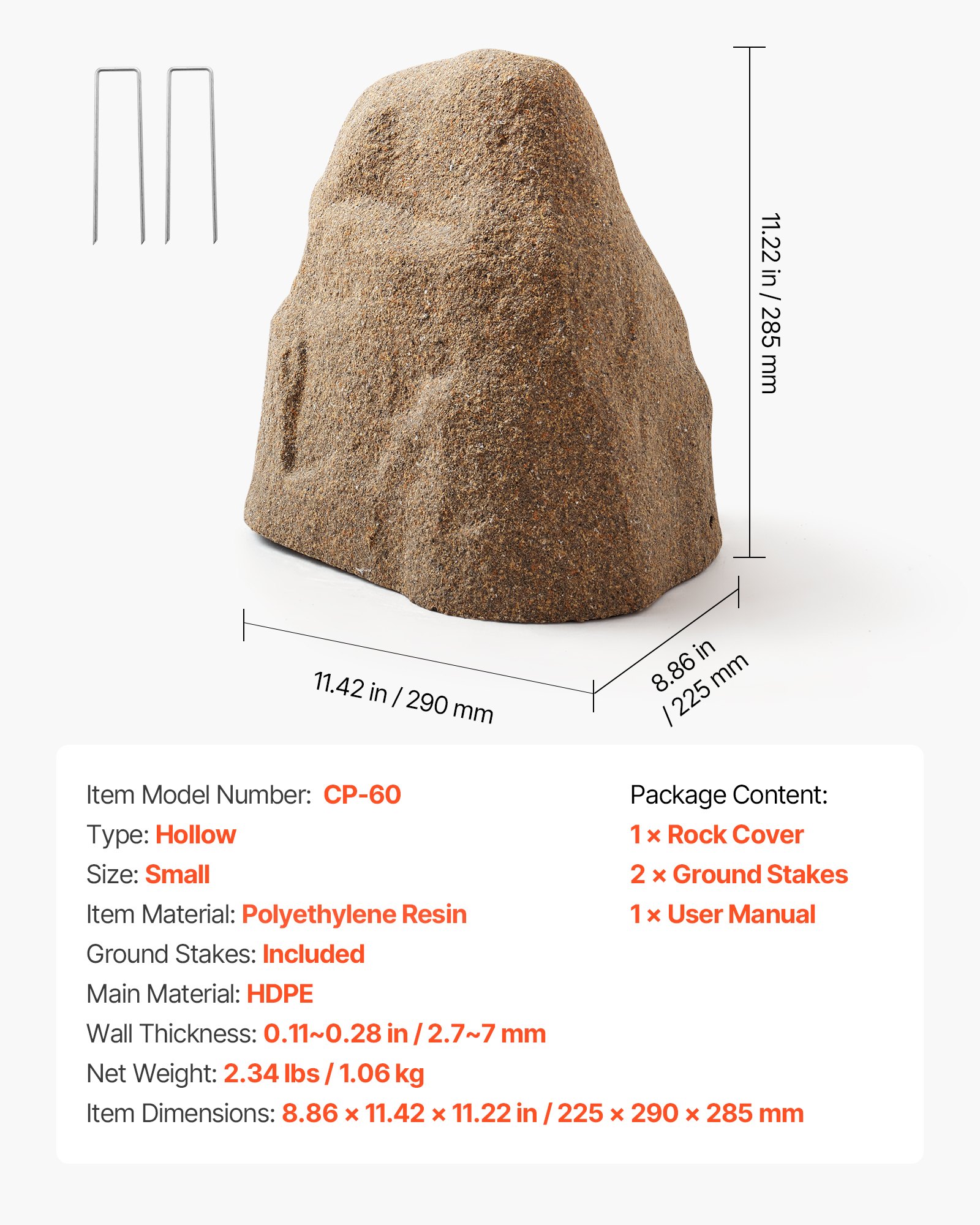 VEVOR Faux Rock Cover, Outdoor Fake Rock Well Pump Cover, Realistic Natural Texture, Lightweight & Weather-Resistant Artificial Boulder for Landscaping Garden Yard Décor, Sandy Brown, Small Size