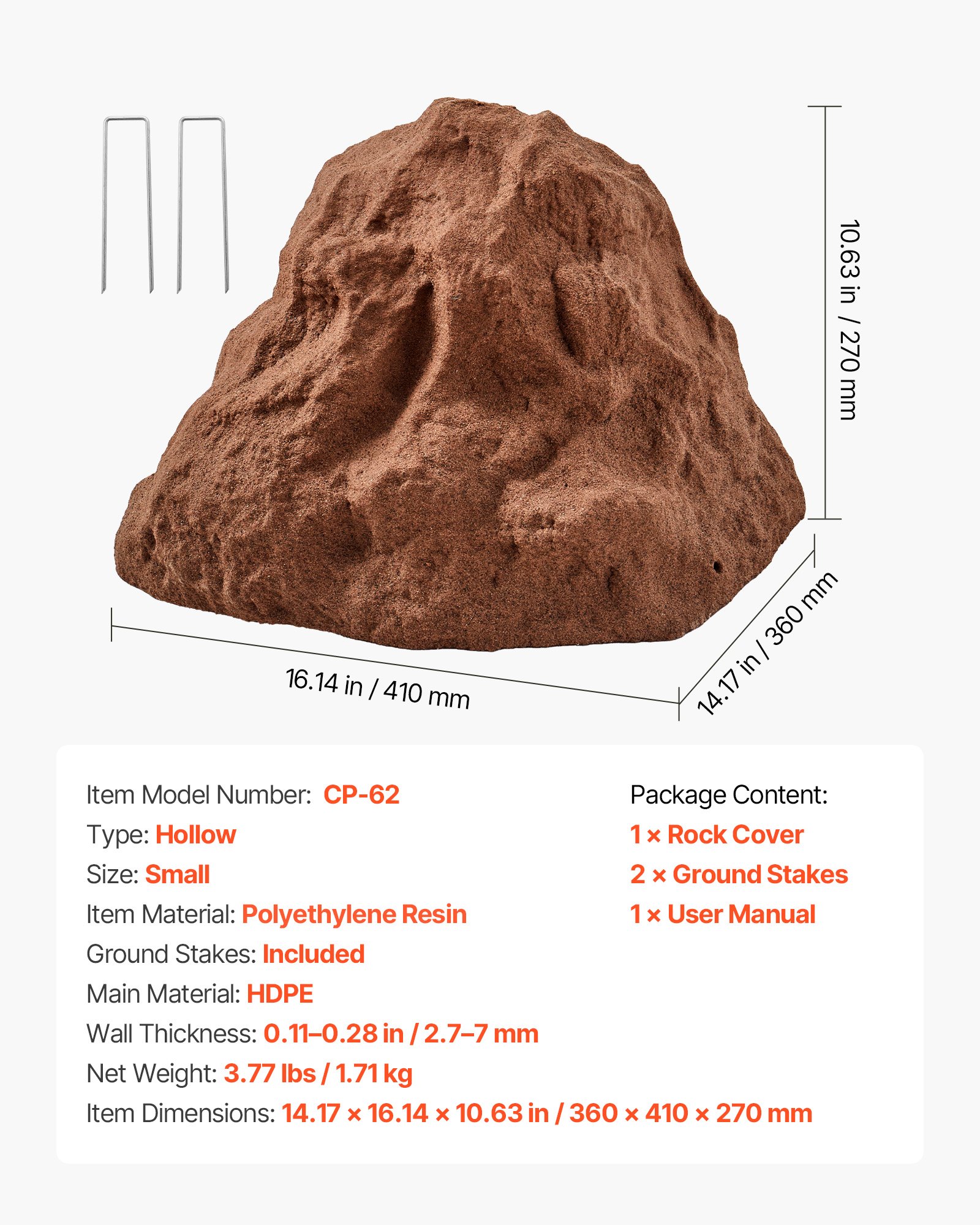 VEVOR Faux Rock Cover, Outdoor Fake Rock Well Pump Cover, Realistic Natural Texture, Lightweight & Weather-Resistant Polyresin Artificial Boulder for Landscaping Garden Yard Décor, Brown, Small Size