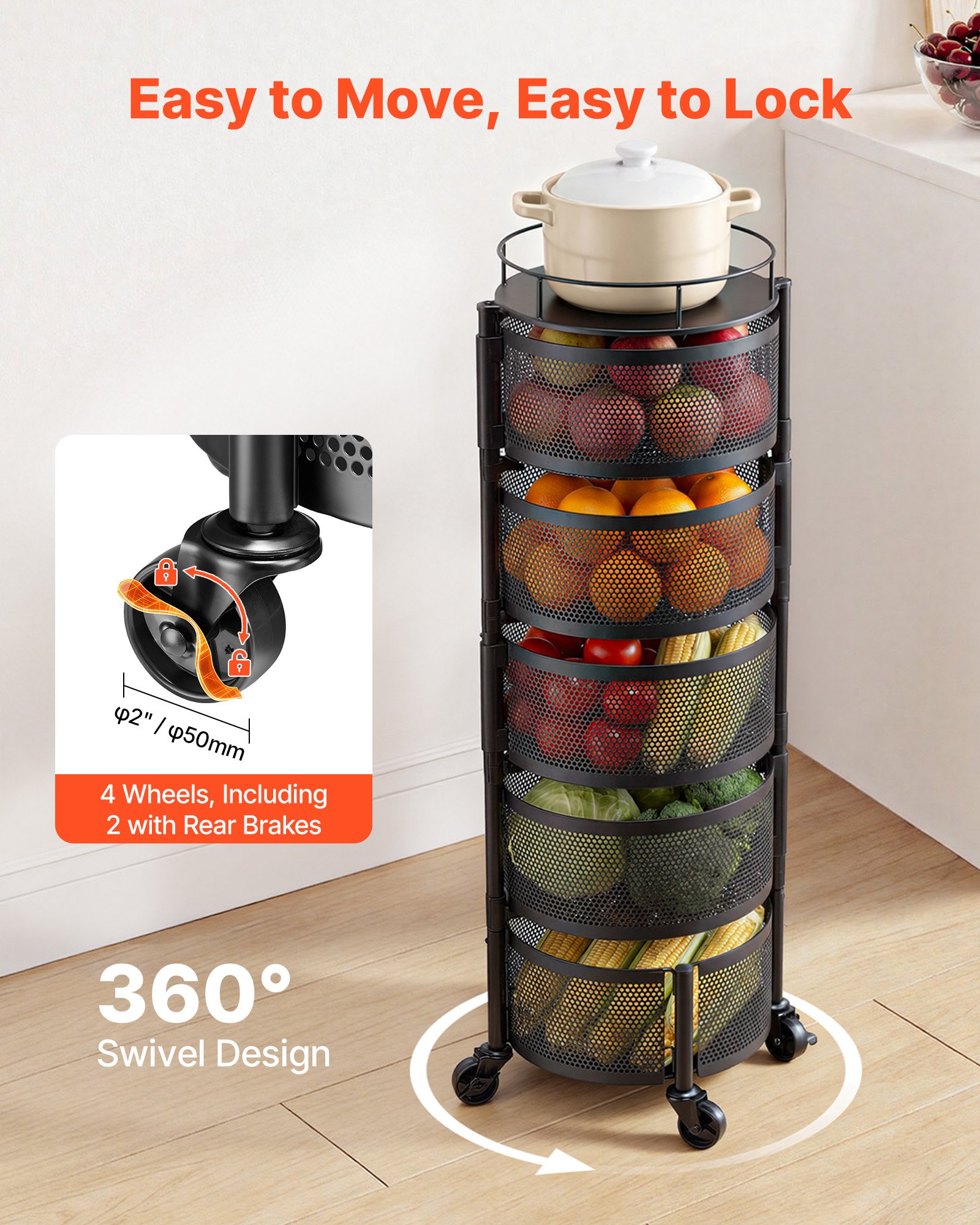 VEVOR Groenterek Keukenwagen met 5 lagen, Fruitmand, Metalen Groentemand, Mobiele Draadmand Organizer op wielen, Zwarte Opbergwagen, Ideaal voor Keuken, Badkamer en Kinderkamer