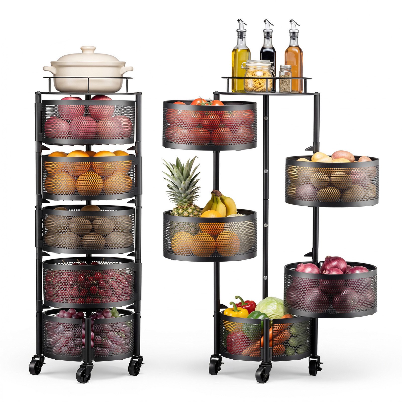 VEVOR Groenterek Keukenwagen met 5 lagen, Fruitmand, Metalen Groentemand, Mobiele Draadmand Organizer op wielen, Zwarte Opbergwagen, Ideaal voor Keuken, Badkamer en Kinderkamer
