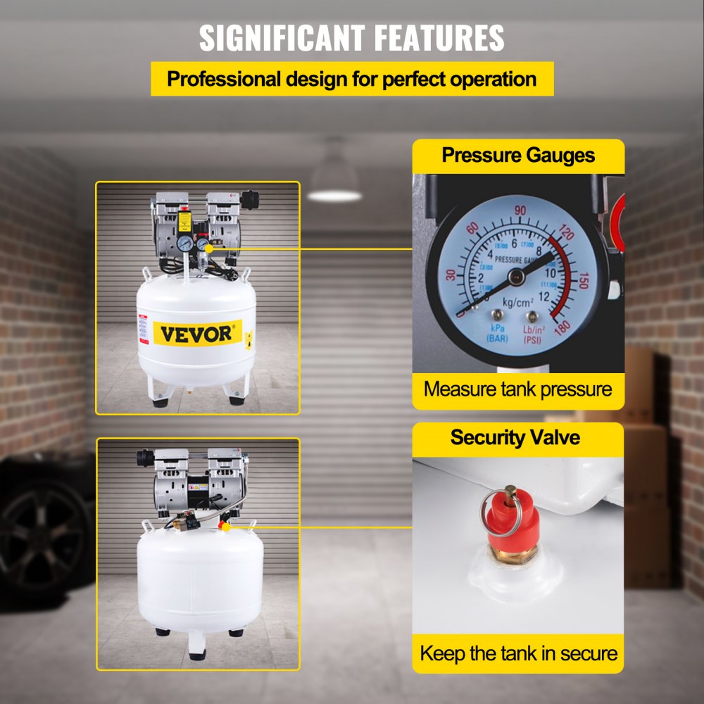 VEVOR Pancake Air Compressor, 35L/7.7 Gallon Vertical Air Compressor Tank, 1HP 750W Portable Oilless Compressor, Ultra Quiet, 115PSI, 5.9CFM, 1440RPM, for Tire Inflation, House Renovation, Air Tools