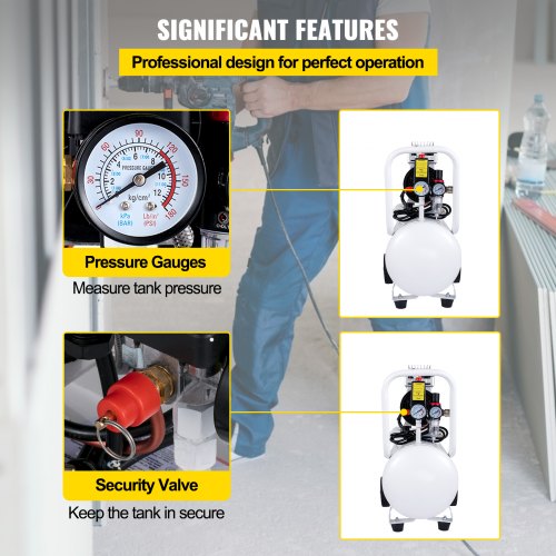 VEVOR Stille Compressor Tank 850 W Stille Luchtcompressor 30 L Draagbare Luchttank Gemaakt van Gelegeerd Staal met eén Druk Meter en 1440 RPM Rotatiesnelheid voor Huisreparatie, Bandenspanning, enz