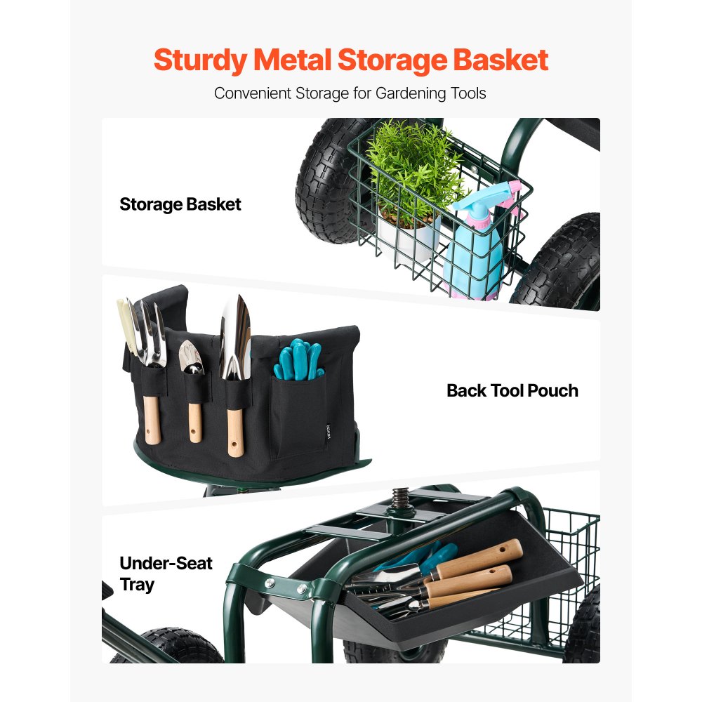 VEVOR Garden Seat with Wheels, Rolling Garden Stool with Height Adjustable & 360° Swivel Seat, 400lbs Weight Capacity, Gardening Cart Bench, Ergonomic Backrest & Tool Storage, for Garden, Yard, Patio