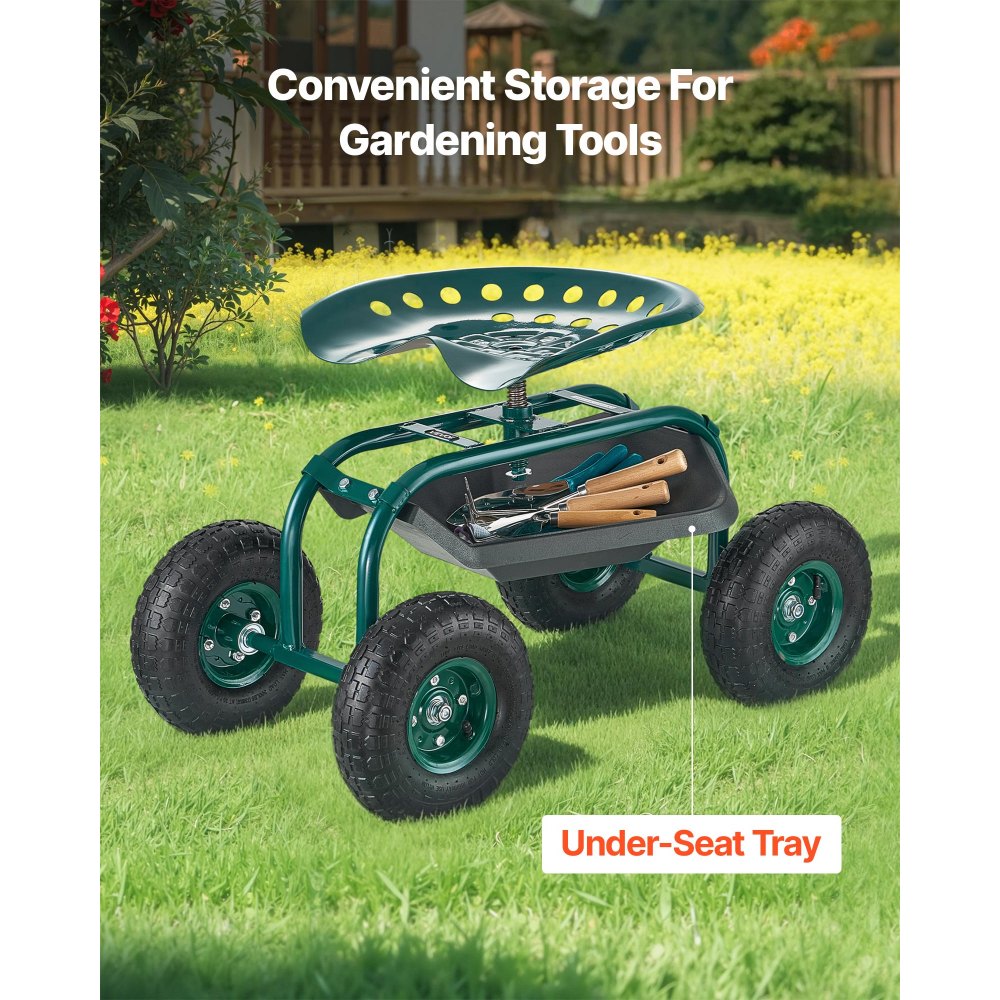 VEVOR Tuinstoel op wielen 800x487x460/540 mm, Mobiele tuinstoel met gereedschapsbak, Draagvermogen 136 kg, Tuinkruk voor buiten, op wielen voor het planten en wieden van gazons