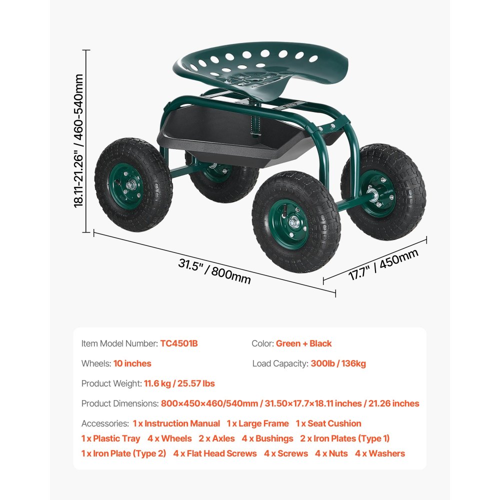 VEVOR Tuinstoel op wielen 800x487x460/540 mm, Mobiele tuinstoel met gereedschapsbak, Draagvermogen 136 kg, Tuinkruk voor buiten, op wielen voor het planten en wieden van gazons