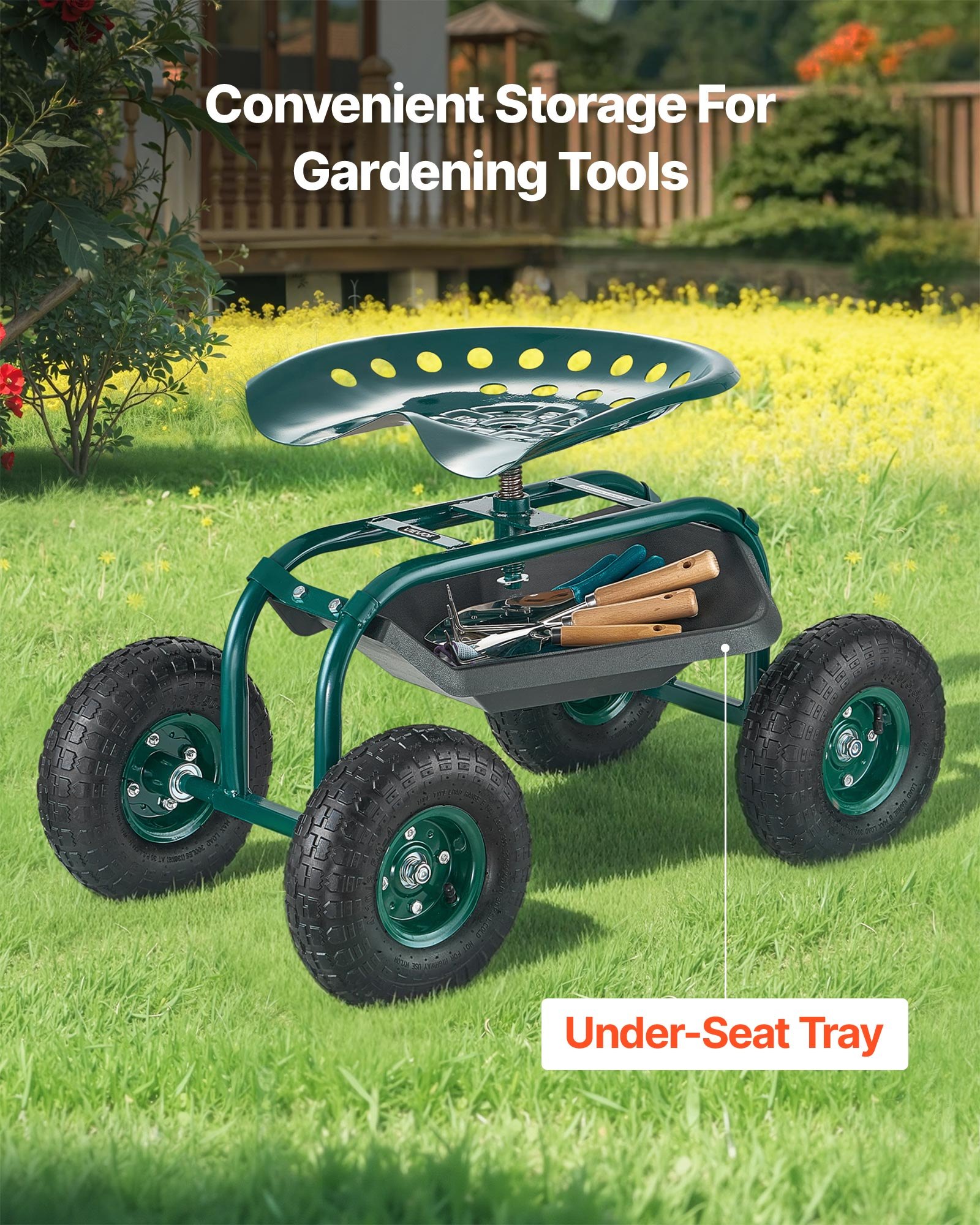 VEVOR Tuinstoel op wielen 800x487x460/540 mm, Mobiele tuinstoel met gereedschapsbak, Draagvermogen 136 kg, Tuinkruk voor buiten, op wielen voor het planten en wieden van gazons