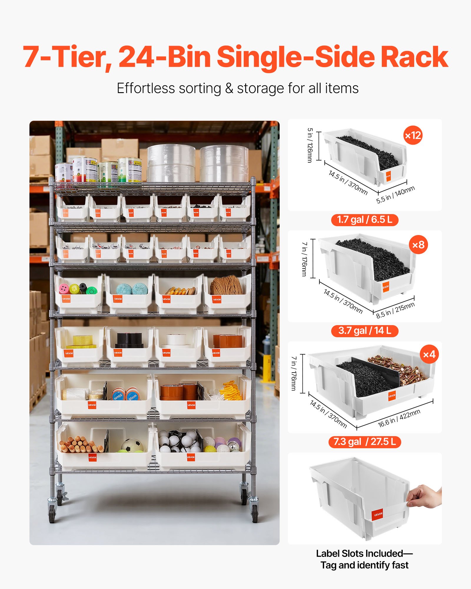 VEVOR vrijstaande opbergkast, opbergrek met 7 niveaus en 24 stapelbare dozen, boekenplank, keukenrek op wielen, gereedschapskast voor garage, magazijn, kantoor, restaurant, klaslokaal, keuken, 355x900x1480 mm