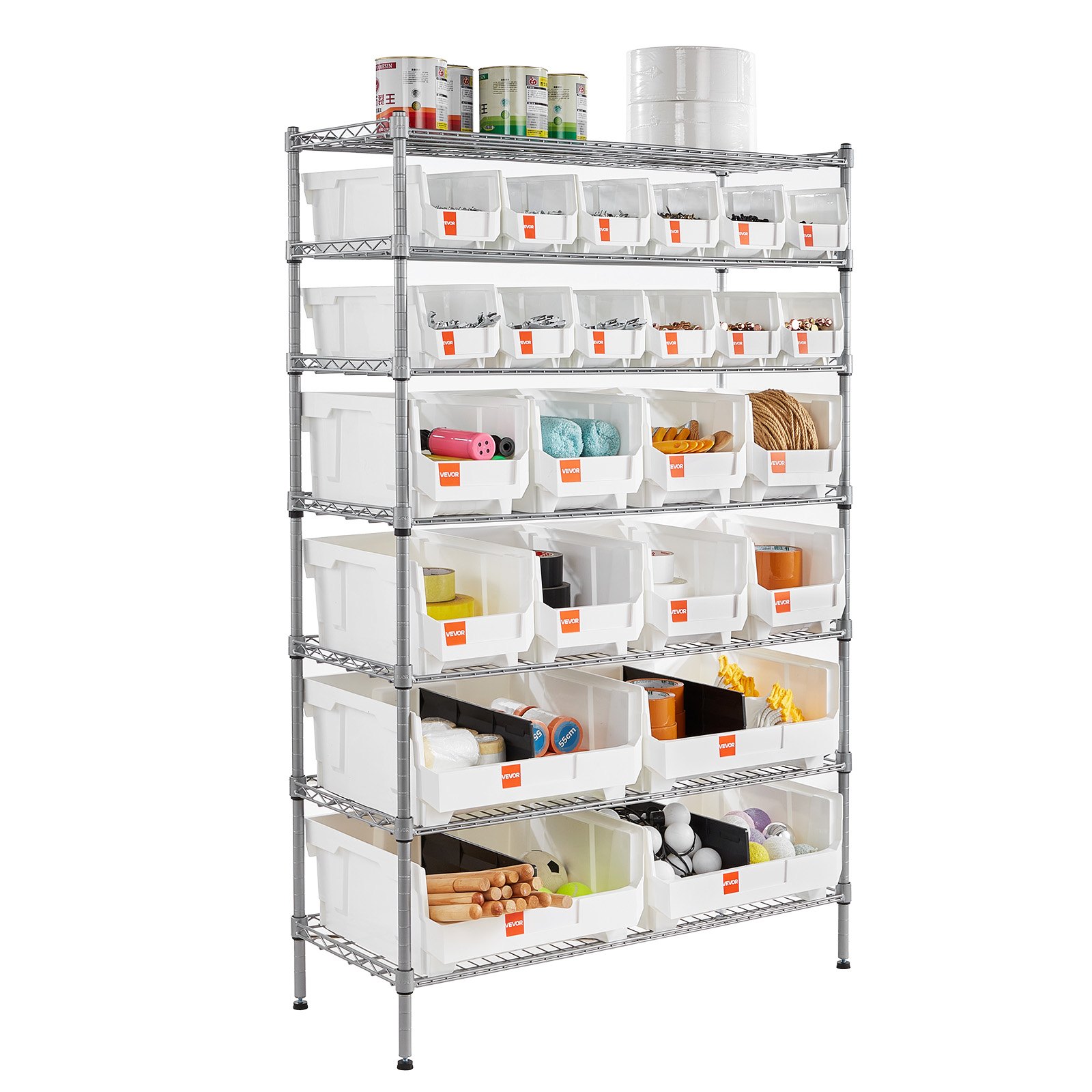 VEVOR vrijstaande opbergkast, opbergrek met 7 niveaus en 24 stapelbare dozen, boekenplank, keukenrek op wielen, gereedschapskast voor garage, magazijn, kantoor, restaurant, klaslokaal, keuken, 355x900x1480 mm