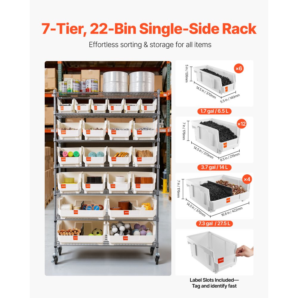 VEVOR 7-Tier Rolling Bin Storage Rack, 22 Organizer Bins, Bin Rack Storage Steel Wire Shelving System with Wheels, Mobile Tool Organizer for Garage, Warehouse, Office, Restaurant, Classroom, Kitchen
