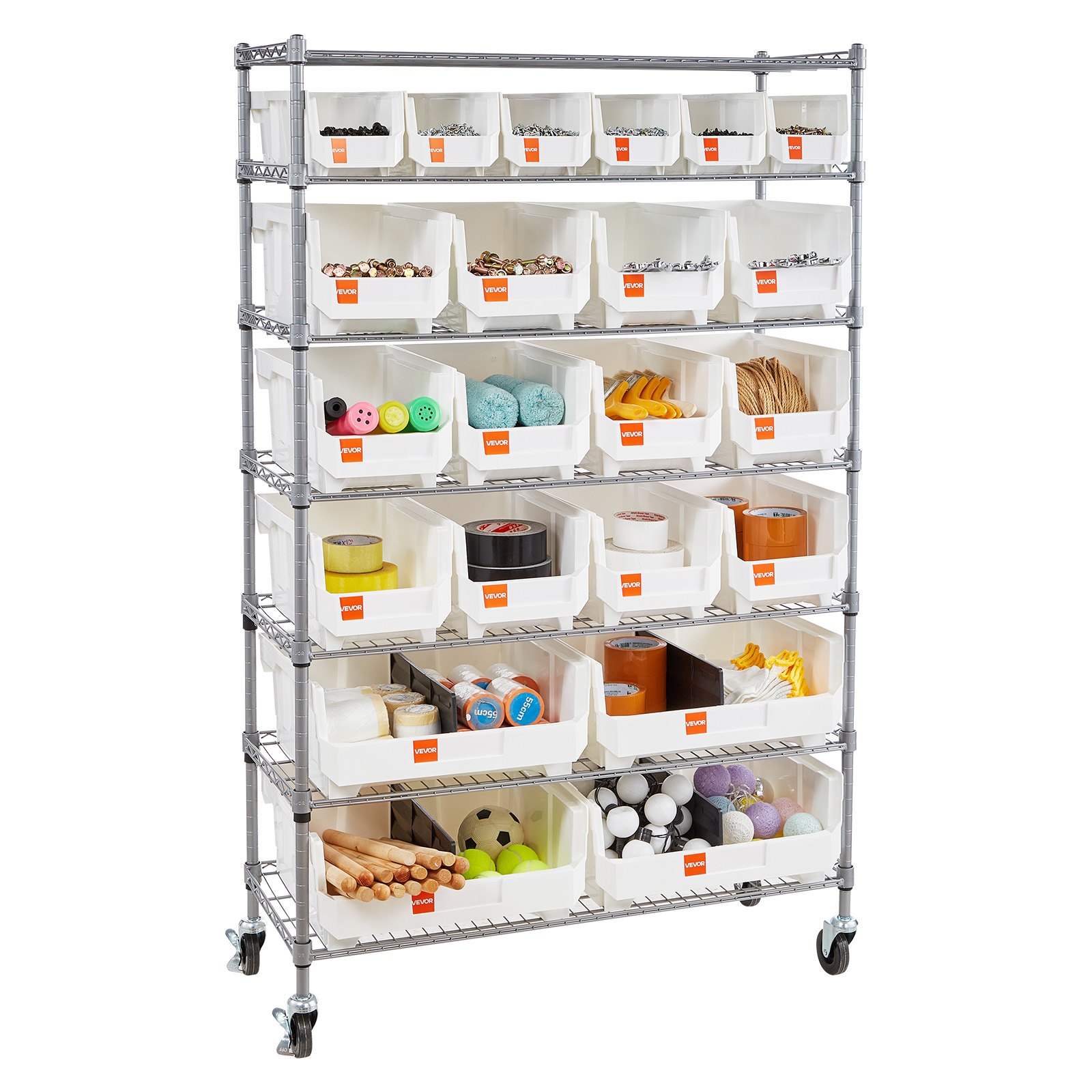 VEVOR 7-Tier Rolling Bin Storage Rack, 22 Organizer Bins, Bin Rack Storage Steel Wire Shelving System with Wheels, Mobile Tool Organizer for Garage, Warehouse, Office, Restaurant, Classroom, Kitchen