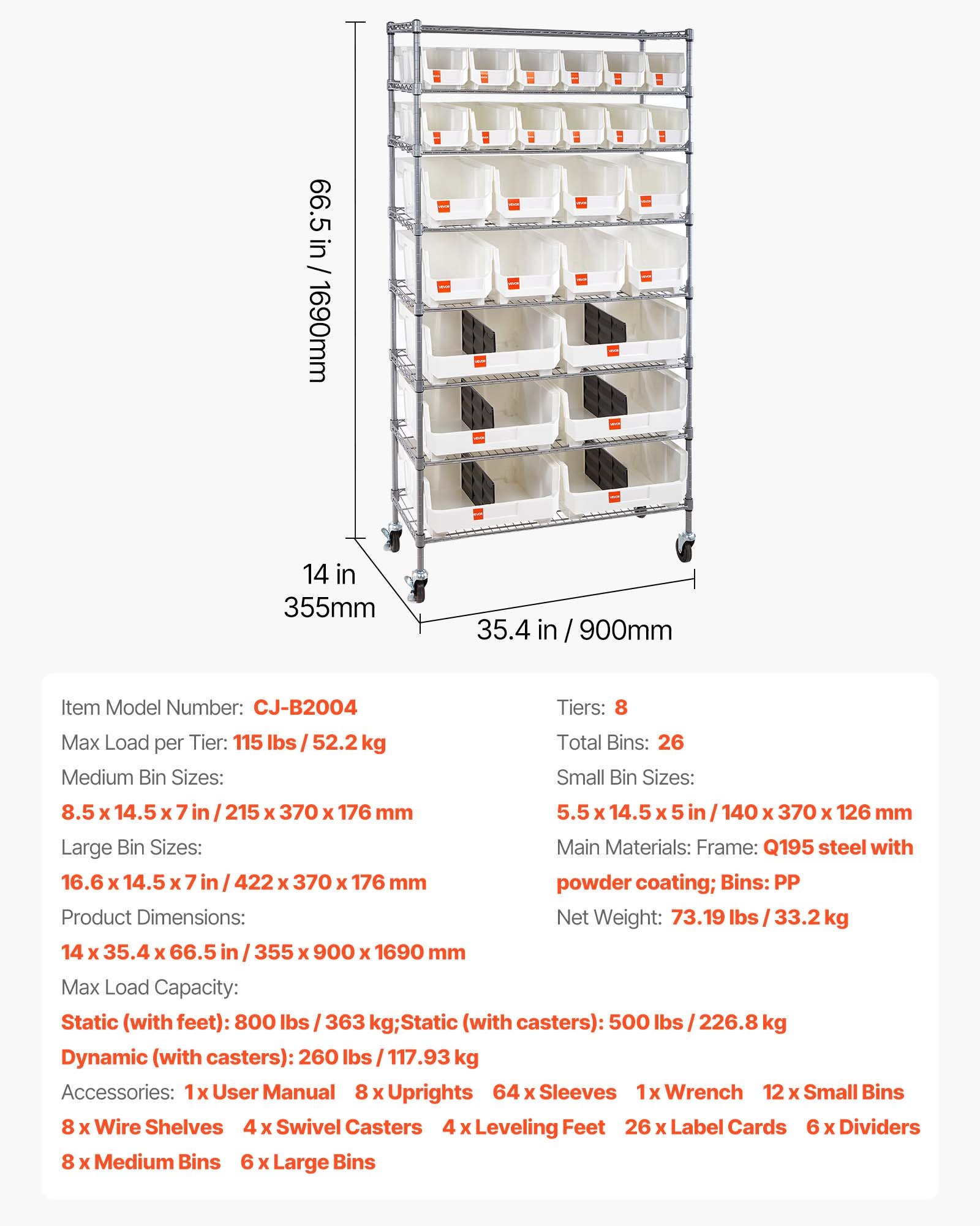 VEVOR 8-Tier Rolling Bin Storage Rack, 26 Organizer Bins, Bin Rack Storage Steel Wire Shelving System with Wheels, Mobile Tool Organizer for Garage, Warehouse, Office, Restaurant, Classroom, Kitchen