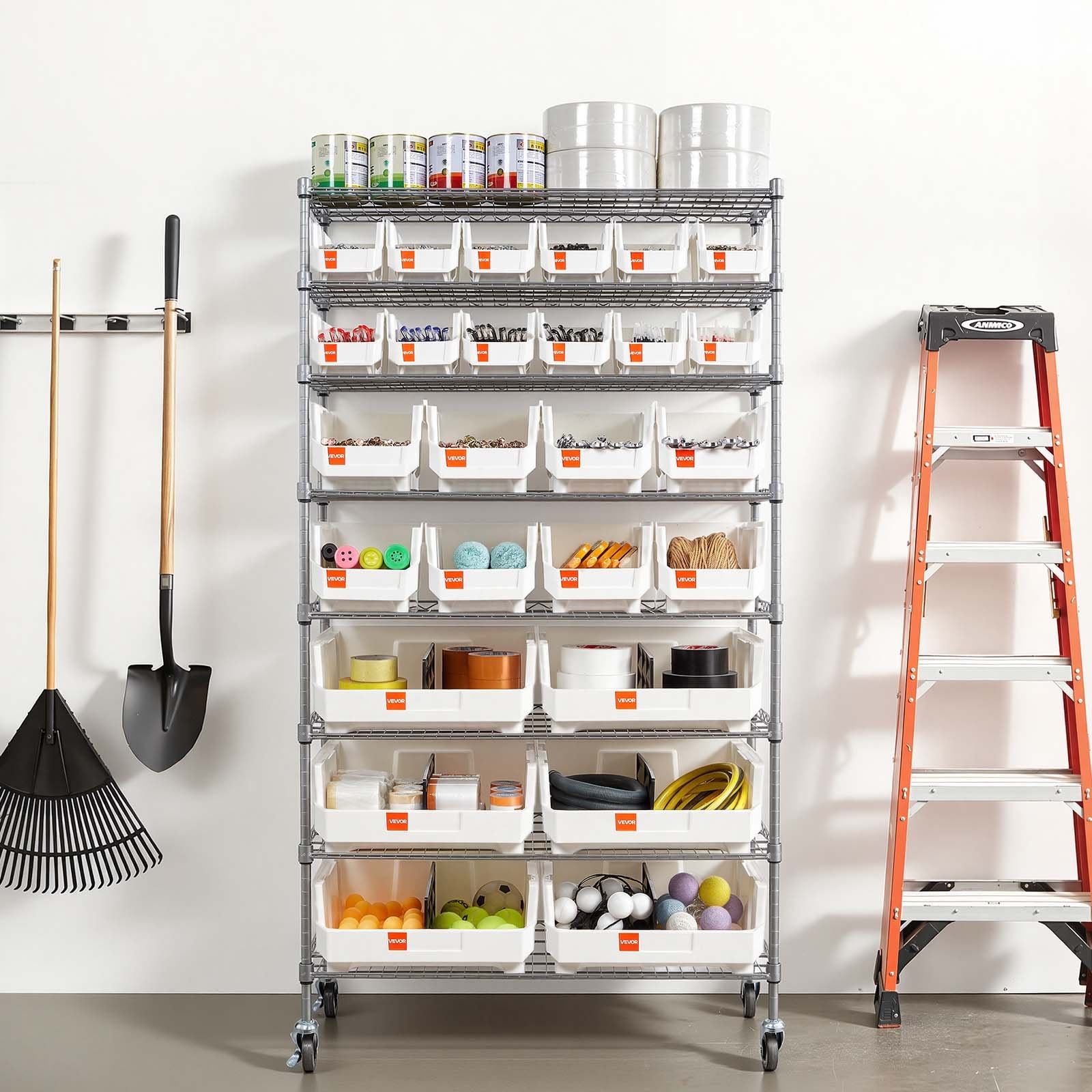 VEVOR 8-Tier Rolling Bin Storage Rack, 26 Organizer Bins, Bin Rack Storage Steel Wire Shelving System with Wheels, Mobile Tool Organizer for Garage, Warehouse, Office, Restaurant, Classroom, Kitchen