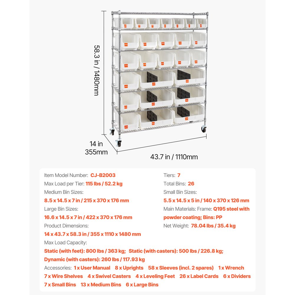 VEVOR vrijstaande opbergkast, opbergrek met 7 niveaus en 26 stapelbare dozen, boekenplank, keukenrek op wielen, verrijdbaar opbergrek voor garage, magazijn, kantoor, restaurant, klaslokaal, keuken, 355x1110x1480 mm