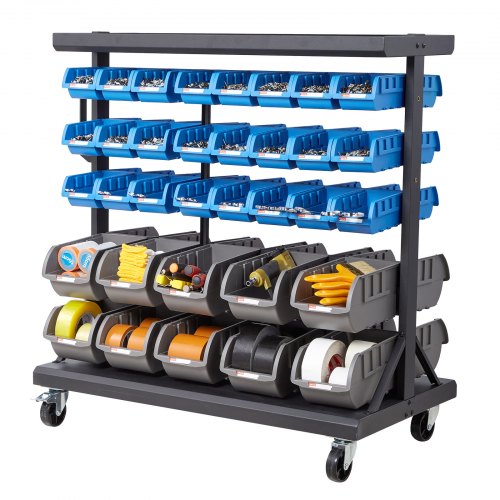 VEVOR Mobiel Opbergrek met Stapelbare Dozen, Mobiel Opbergrek met 5 Niveaus & 68 Assortiment Dozen voor Kleine Onderdelen in Twee Maten, 900x500x950 mm, Dubbelzijdig, voor Werkplaats, Garage, Magazijn & Kantoor