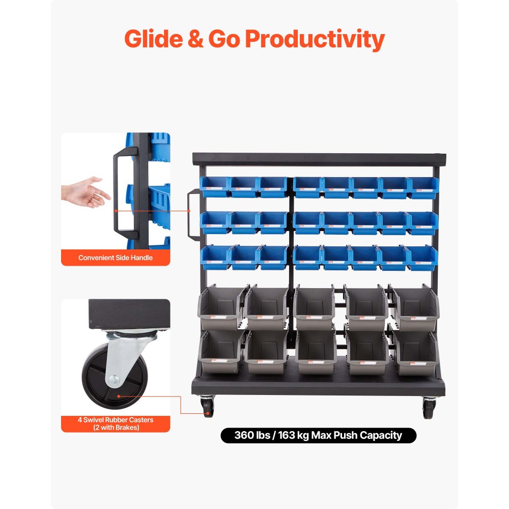 VEVOR Mobiel Opbergrek met Stapelbare Dozen, Mobiel Opbergrek met 5 Niveaus & 68 Assortiment Dozen voor Kleine Onderdelen in Twee Maten, 900x500x950 mm, Dubbelzijdig, voor Werkplaats, Garage, Magazijn & Kantoor