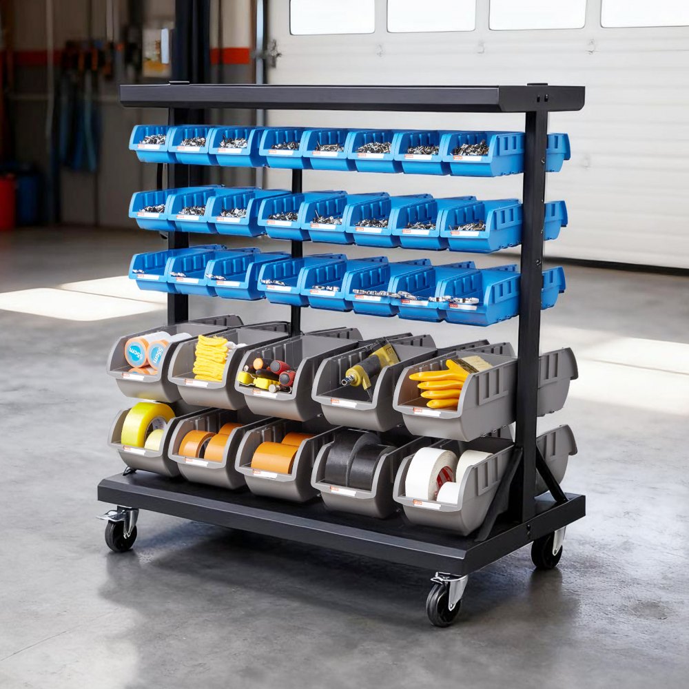 VEVOR Mobiel Opbergrek met Stapelbare Dozen, Mobiel Opbergrek met 5 Niveaus en 68 Assortiment Dozen voor Kleine Onderdelen in Twee Maten, 900x500x950 mm, Dubbelzijdig, voor Werkplaats, Garage, Magazijn en Kantoor