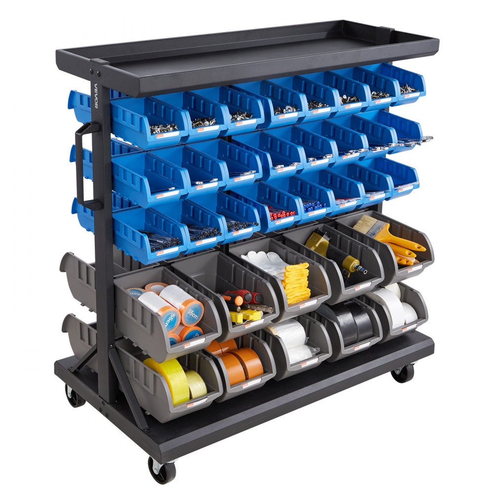 VEVOR Mobiel Opbergrek met Stapelbare Dozen, Mobiel Opbergrek met 5 Niveaus en 68 Assortiment Dozen voor Kleine Onderdelen in Twee Maten, 900x500x950 mm, Dubbelzijdig, voor Werkplaats, Garage, Magazijn en Kantoor
