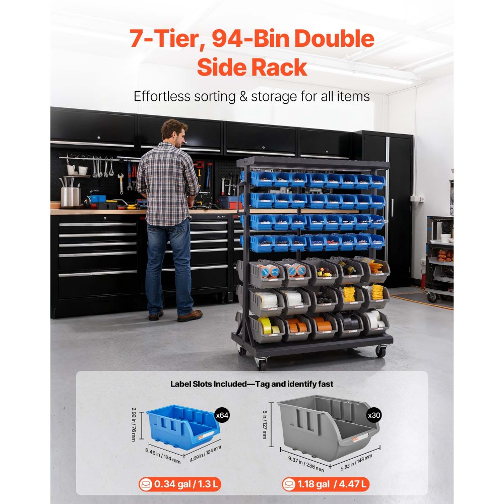 VEVOR 7-Tier Double-Sided Rolling Bin Storage Rack, 94 Plastic Bins, Dual-Sided Parts Organizer with Wheels, Mobile Tool Organizer for Garage, Warehouse, Office, Restaurant, Classroom, Kitchen