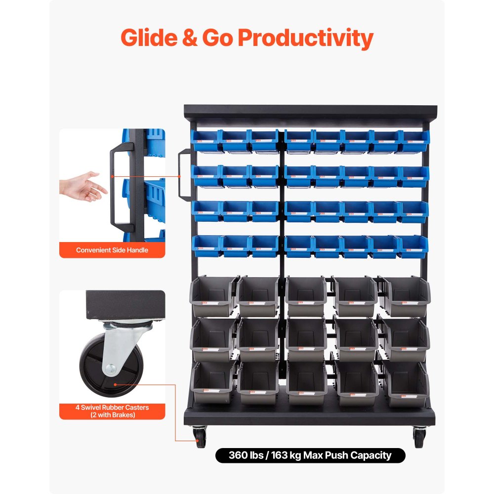 VEVOR 7-Tier Double-Sided Rolling Bin Storage Rack, 94 Plastic Bins, Dual-Sided Parts Organizer with Wheels, Mobile Tool Organizer for Garage, Warehouse, Office, Restaurant, Classroom, Kitchen