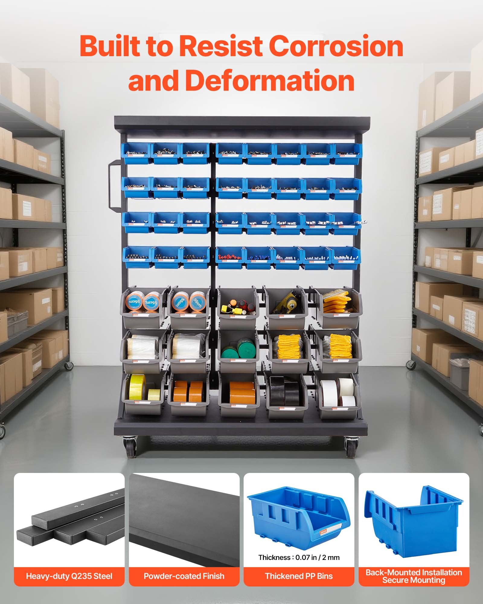 VEVOR Mobiel Opbergrek met Stapelbare Opbergdozen, Mobiele Gereedschapsorganizer met 7 Niveaus en 94 Opbergdozen voor Kleine Onderdelen in Twee Maten, 900x500x1245mm, Dubbelzijdig, voor Werkplaats, Garage, Magazijn en Kantoor