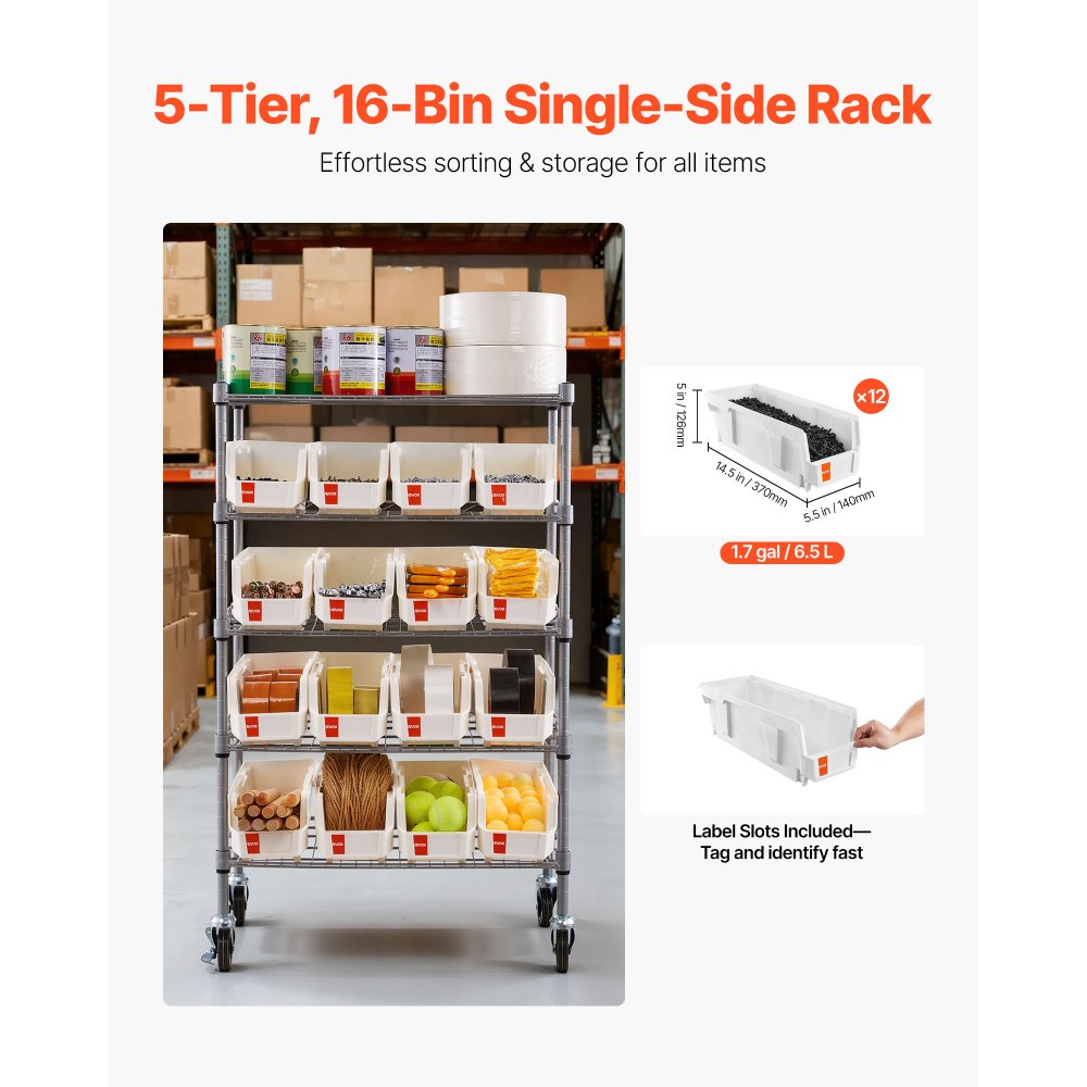VEVOR vrijstaande opbergkast, opbergrek met 5 niveaus en 16 stapelbare dozen, boekenplank/keukenrek op wielen, verplaatsbare opbergkast voor garage, magazijn, kantoor, restaurant, klaslokaal, keuken, 610x355x1065 mm