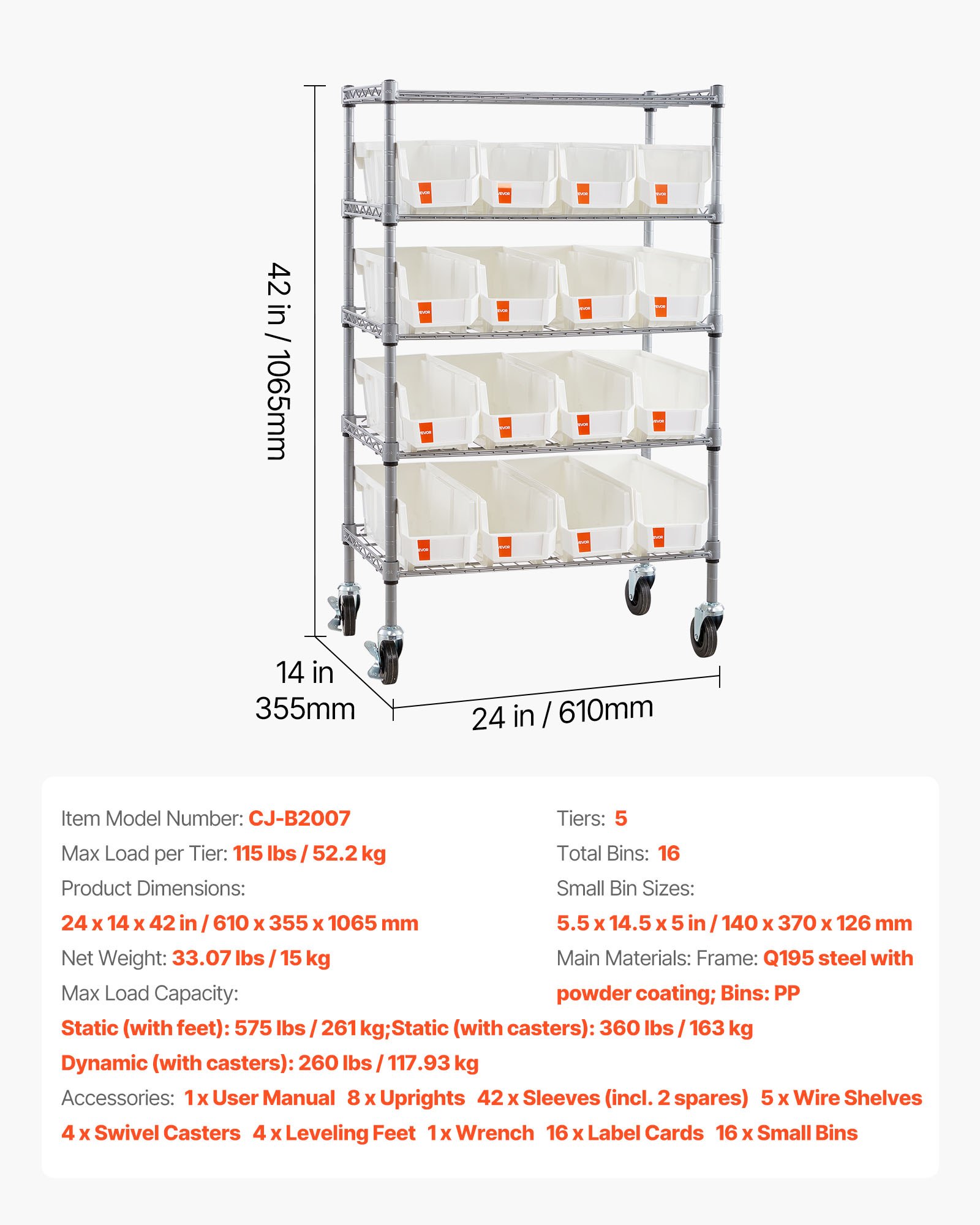 VEVOR vrijstaande opbergkast, opbergrek met 5 niveaus en 16 stapelbare dozen, boekenplank/keukenrek op wielen, verplaatsbare opbergkast voor garage, magazijn, kantoor, restaurant, klaslokaal, keuken, 610x355x1065 mm