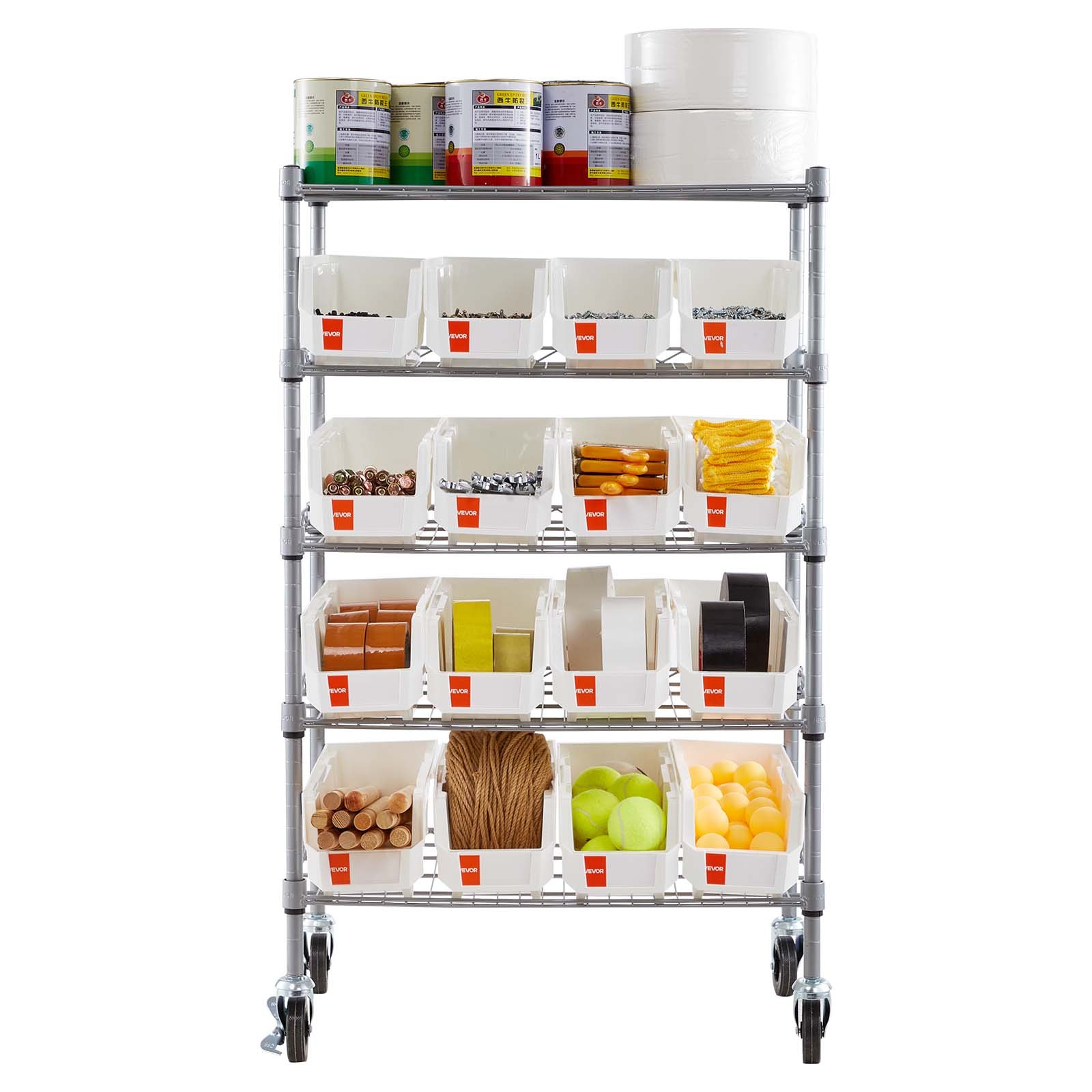 VEVOR vrijstaande opbergkast, opbergrek met 5 niveaus en 16 stapelbare dozen, boekenplank/keukenrek op wielen, verplaatsbare opbergkast voor garage, magazijn, kantoor, restaurant, klaslokaal, keuken, 610x355x1065 mm