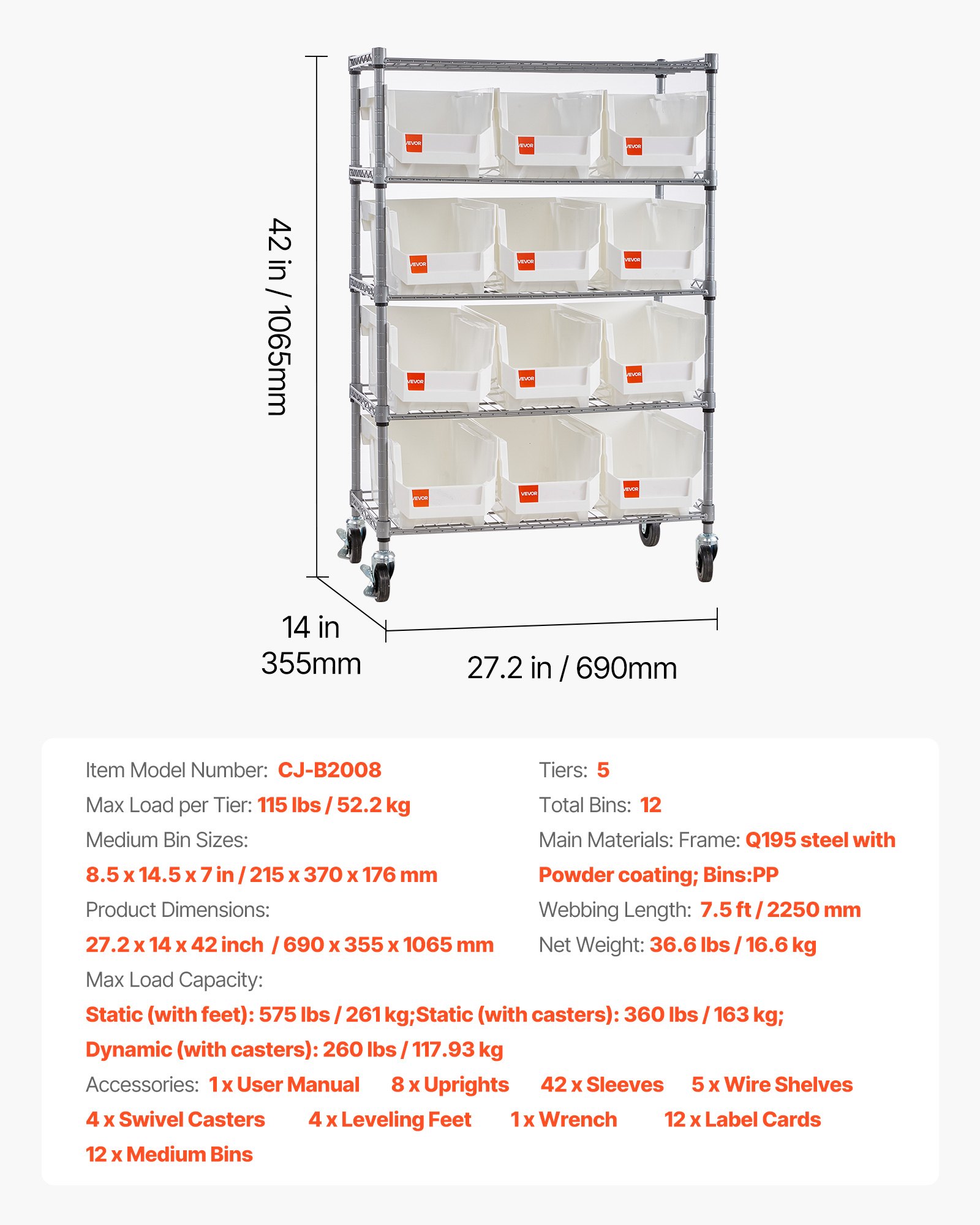 VEVOR 5-Tier Rolling Bin Storage Rack, 12 Organizer Bins, Bin Rack Storage Steel Wire Shelving System with Wheels, Mobile Tool Organizer for Garage, Warehouse, Office, Restaurant, Classroom, Kitchen