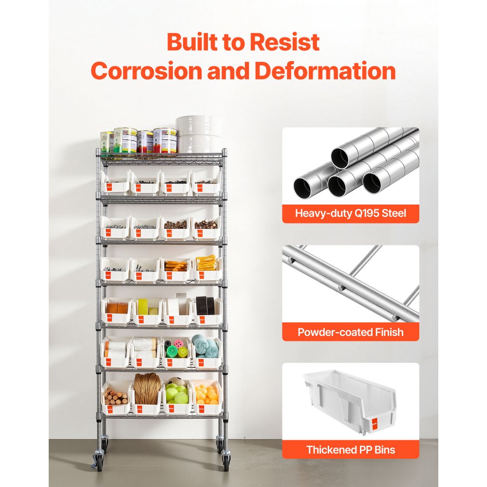 VEVOR 7-Tier Rolling Bin Storage Rack, 24 Small Bins, Bin Rack Storage Steel Wire Shelving System with Wheels, Mobile Tool Organizer for Garage, Warehouse, Office, Restaurant, Classroom, Kitchen