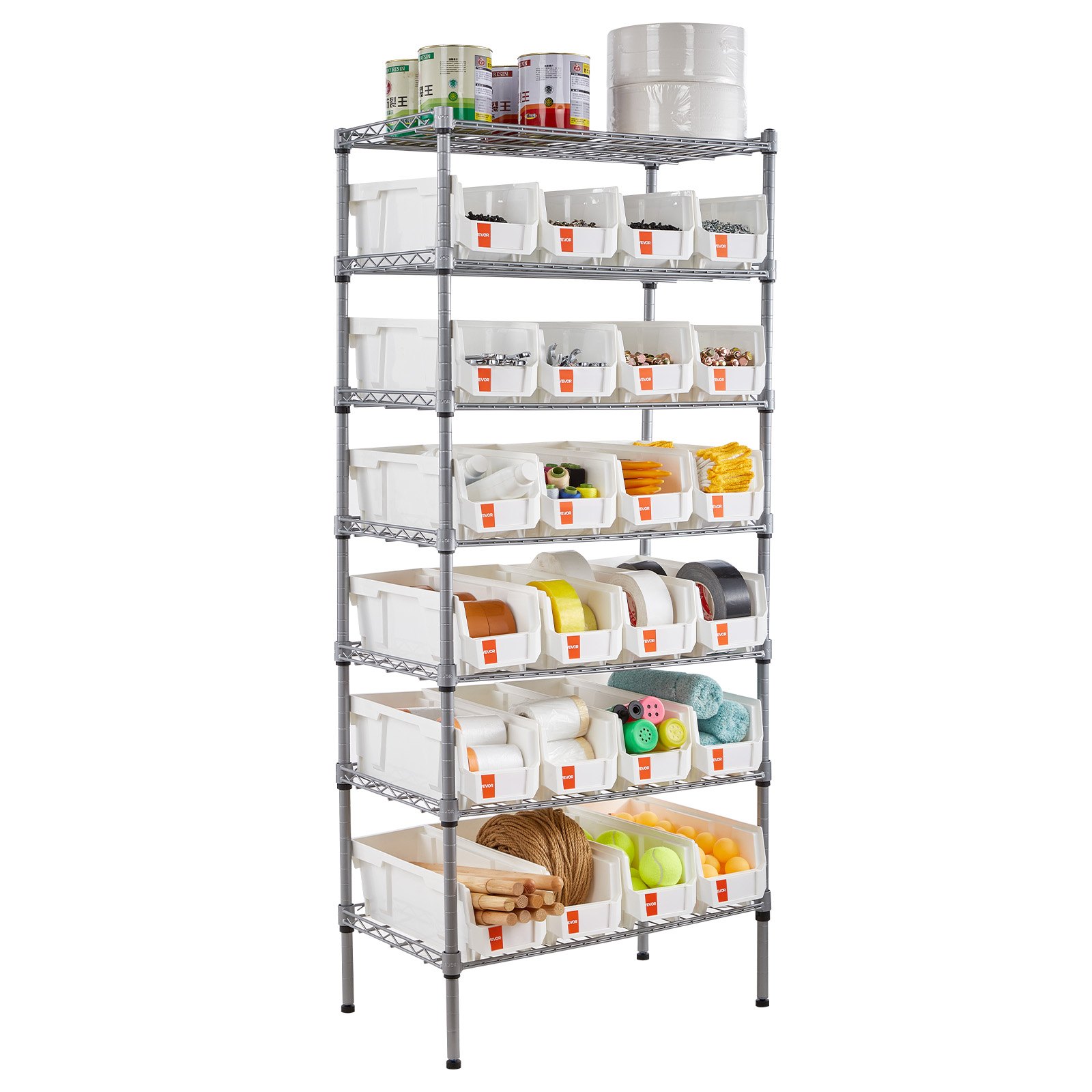 VEVOR Staande plank, opbergplank met 7 lagen en 24 kleine stapelbare dozen, boekenplank, keukenplank op wielen, gereedschapsorganizer voor garage, kantoor, restaurant, klaslokaal, keuken, 600x350x1480mm