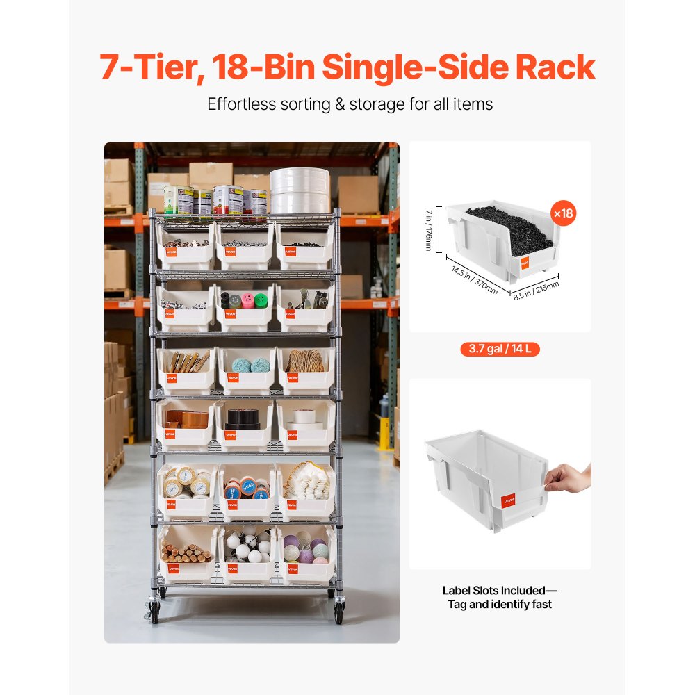 VEVOR vrijstaande opbergkast, opbergrek met 7 niveaus en 18 stapelbare dozen, boekenplank, keukenrek op wielen, gereedschapskast voor garage, magazijn, kantoor, restaurant, klaslokaal, keuken, 690x355x1490 mm