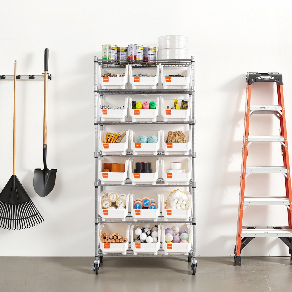VEVOR vrijstaande opbergkast, opbergrek met 7 niveaus en 18 stapelbare dozen, boekenplank, keukenrek op wielen, gereedschapskast voor garage, magazijn, kantoor, restaurant, klaslokaal, keuken, 690x355x1490 mm