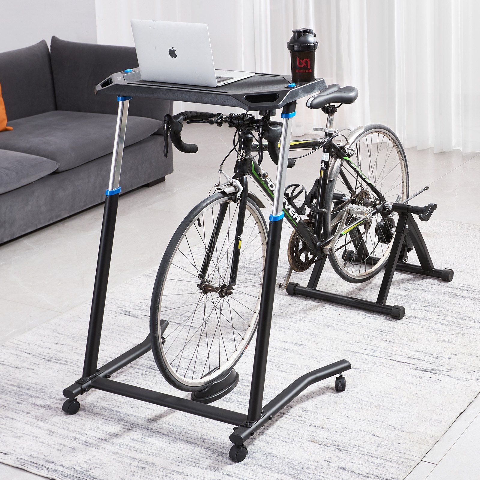 VEVOR Cycling Desk, Mobile Foldable Multi-Functional Bike Trainer & Treadmill Desk with Lockable Wheels, Non-Slip Multi-Slot Bike Trainer Fitness Desk with Handle Bar, Fit for Home Office Exercise