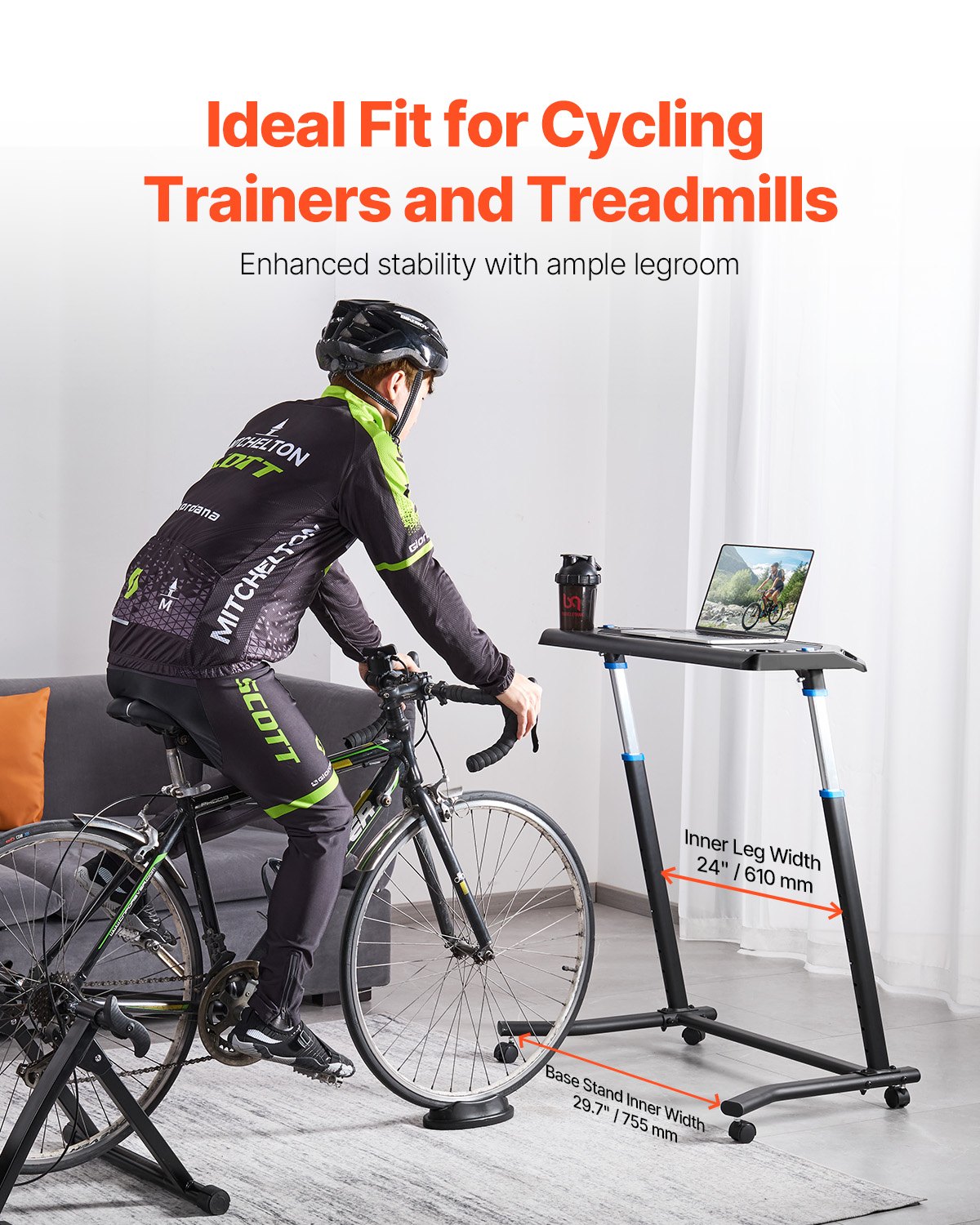 VEVOR stationaire, opvouwbare en verstelbare tafel voor hometrainer en loopband met vergrendelbare wielen, antislip fitnesstafel met meerdere sleuven voor hometrainers en stuurstangen.