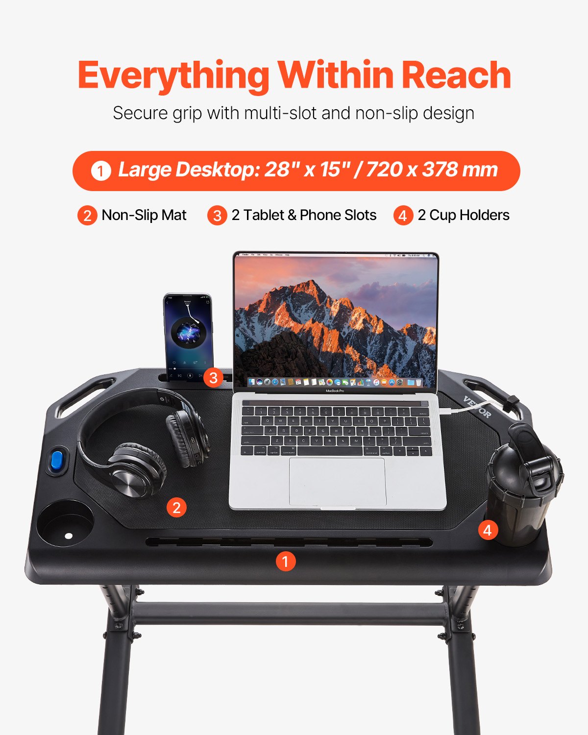 VEVOR stationaire, opvouwbare en verstelbare tafel voor hometrainer en loopband met vergrendelbare wielen, antislip fitnesstafel met meerdere sleuven voor hometrainers en stuurstangen.