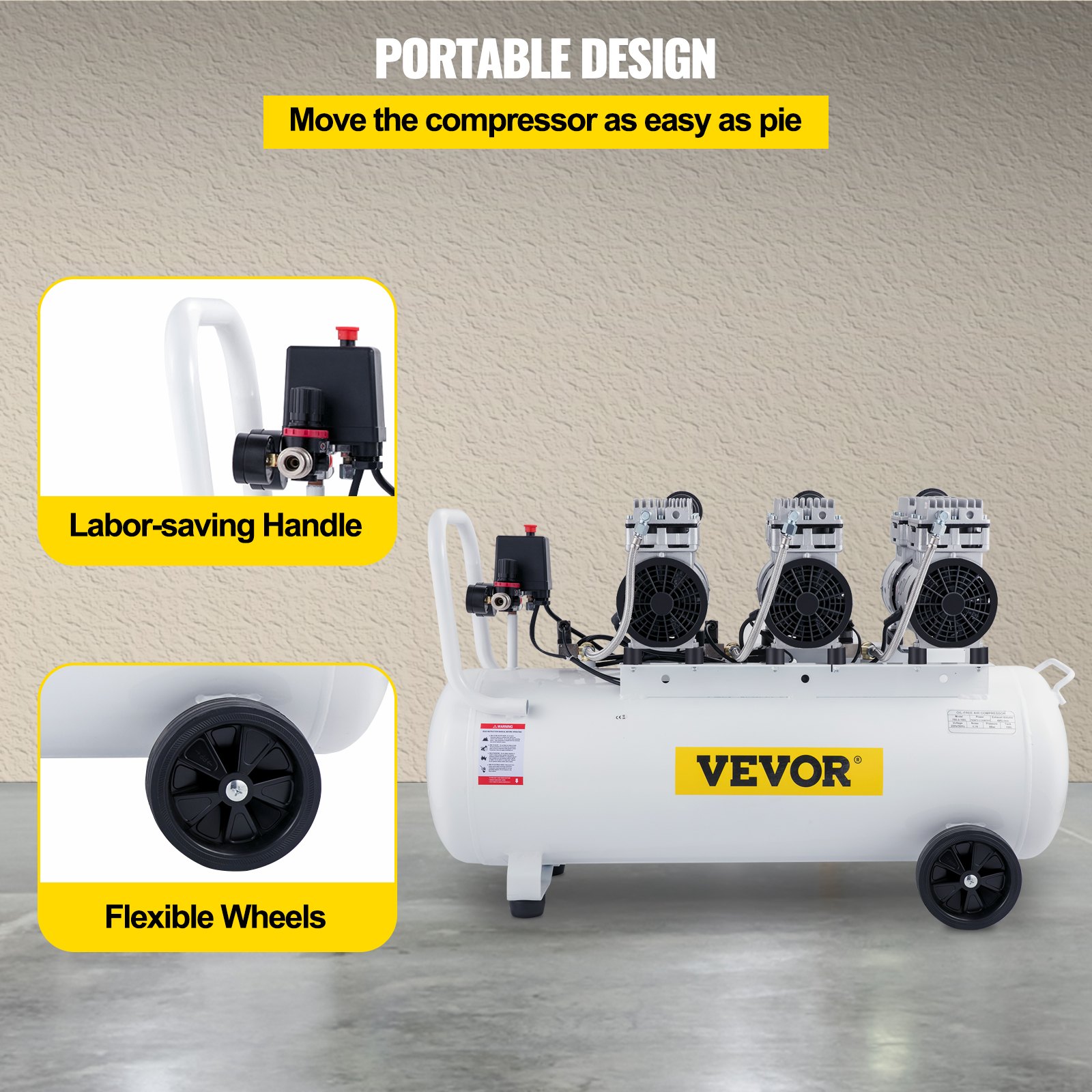 VEVOR luchtcompressor 80L, fluisterstille, olievrije compressor (22 gallons) met 2 manometers voor huisreparaties, vloerverwarmingreiniging, plaatmetaalverf, staalspuiten, tandheelkunde, enz.