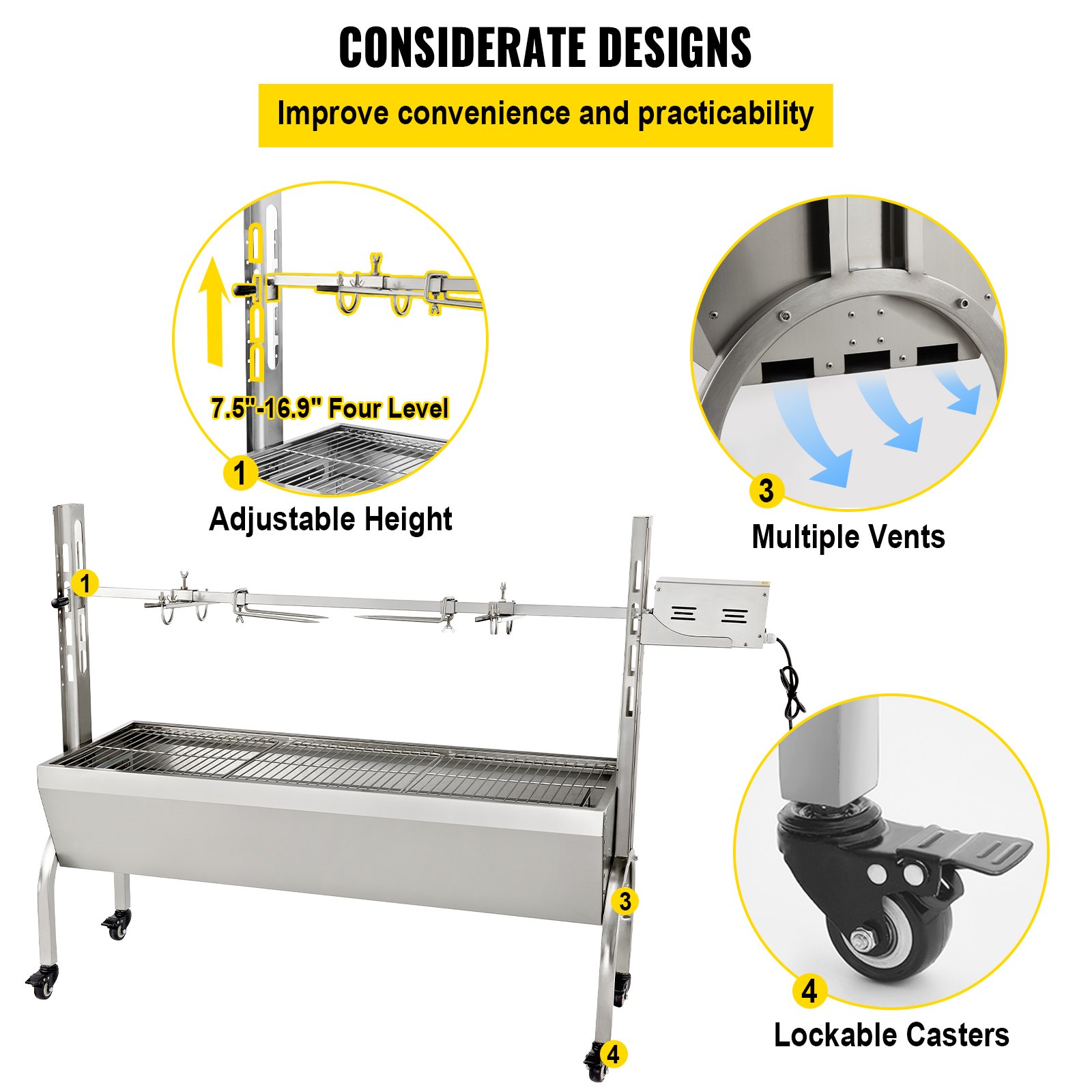 VEVOR Spit Roaster Rotisserie Lamsrotsserie 132lbs Laden 40W RVS voor BBQ Grill