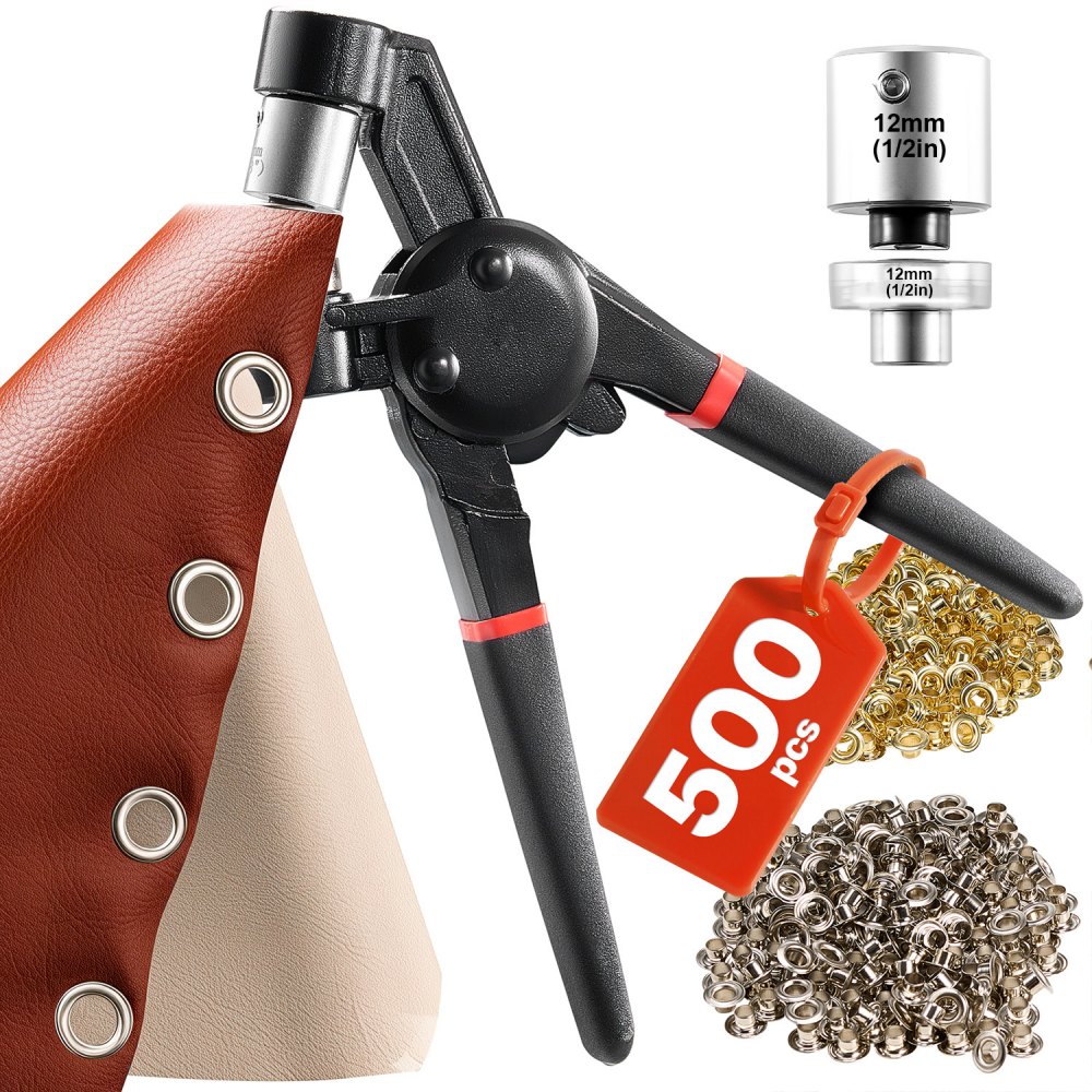 VEVOR Grommet Tool Kit, 500 PCS 12 mm Metal Eyelets Grommets in Gold and Silver, Eyelet Kit with Manual Grommet Press Pliers, Hole Punch, and Block, for Leather Tarp Shoes Crafts Fabric Belt