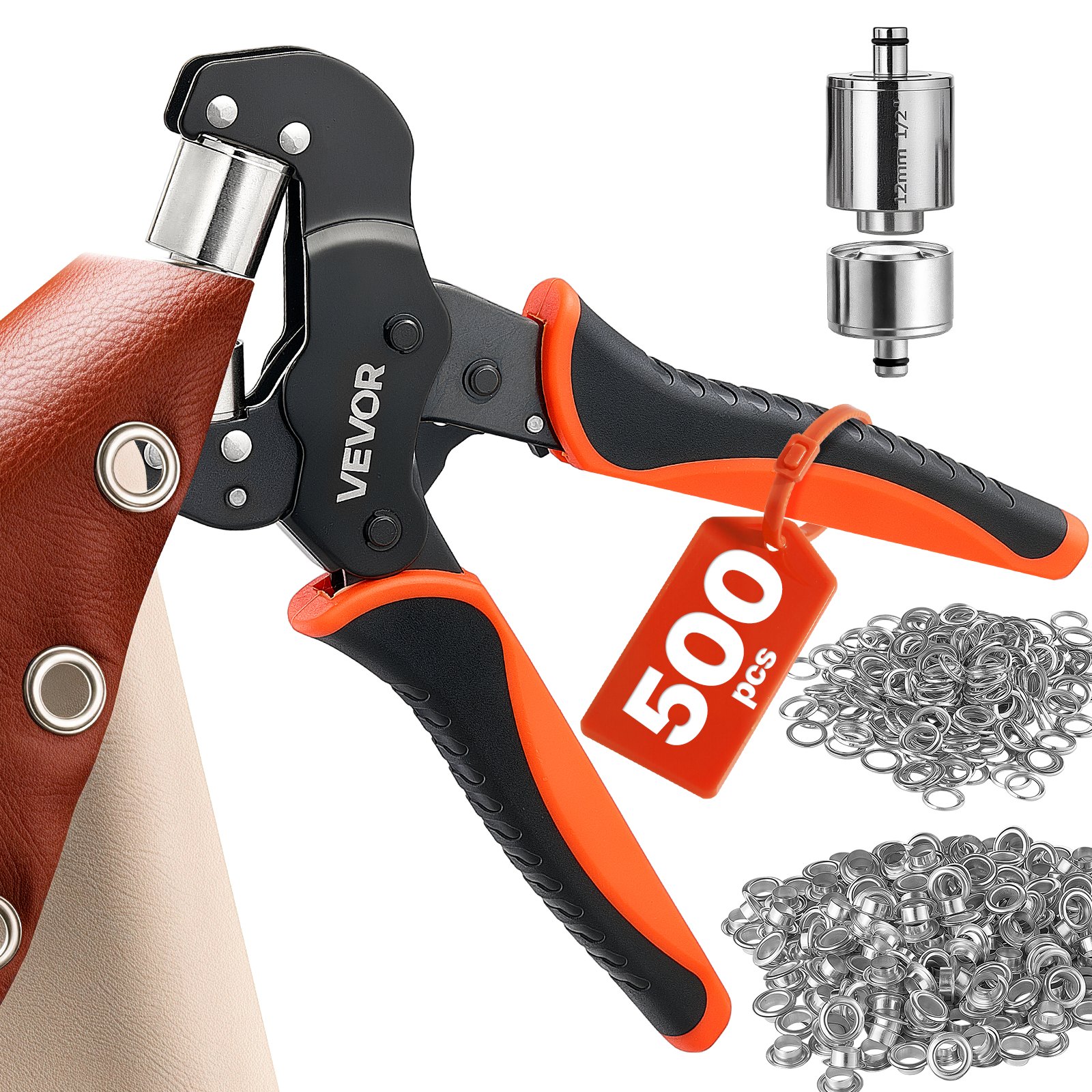 VEVOR Oogjestangenset met 500 stuks Ø12mm oogjes, magnetische oogjespers, stalen oogjespons met magnetische kop, antisliphandvat, geschikt voor leer, zeilen, schoenen, knutselwerk en textiel.