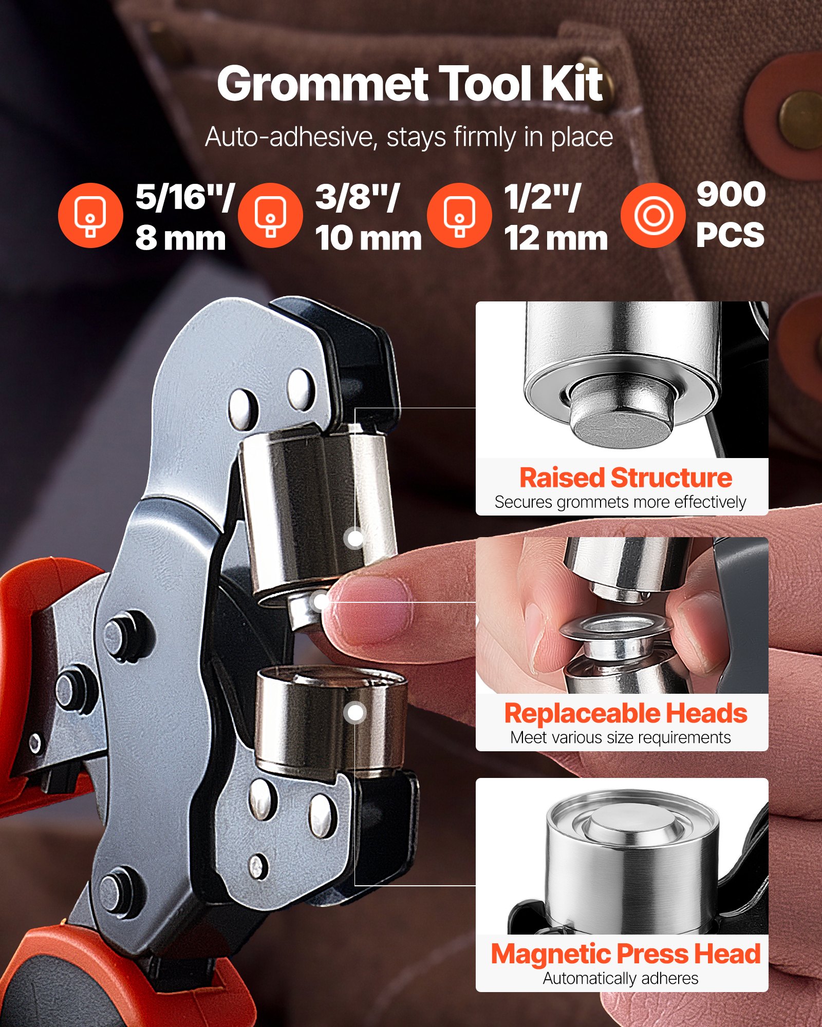 VEVOR Oogjestang 900-delige set, oogjes 8 mm, 10 mm, 12 mm, magnetische oogjespers, stalen oogjespons met magnetische kop, antislip handgreep, geschikt voor leer, zeilen, schoenen, knutselwerk en textiel.