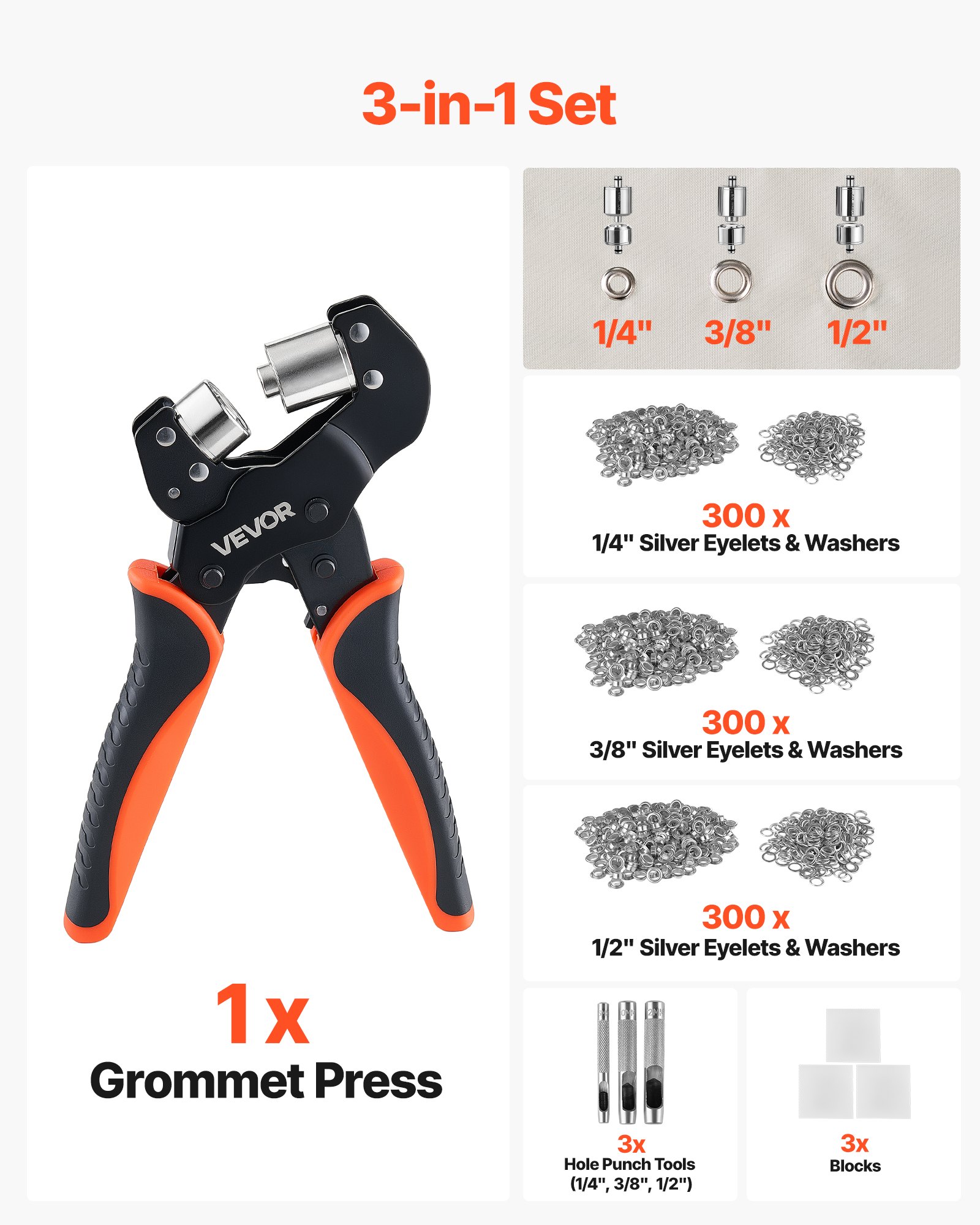 VEVOR Oogjestang 900-delige set, oogjes 6 mm, 10 mm, 12 mm, magnetische oogjespers, stalen oogjespons met magnetische kop, antislip handgreep, geschikt voor leer, zeilen, schoenen, knutselwerk en textiel