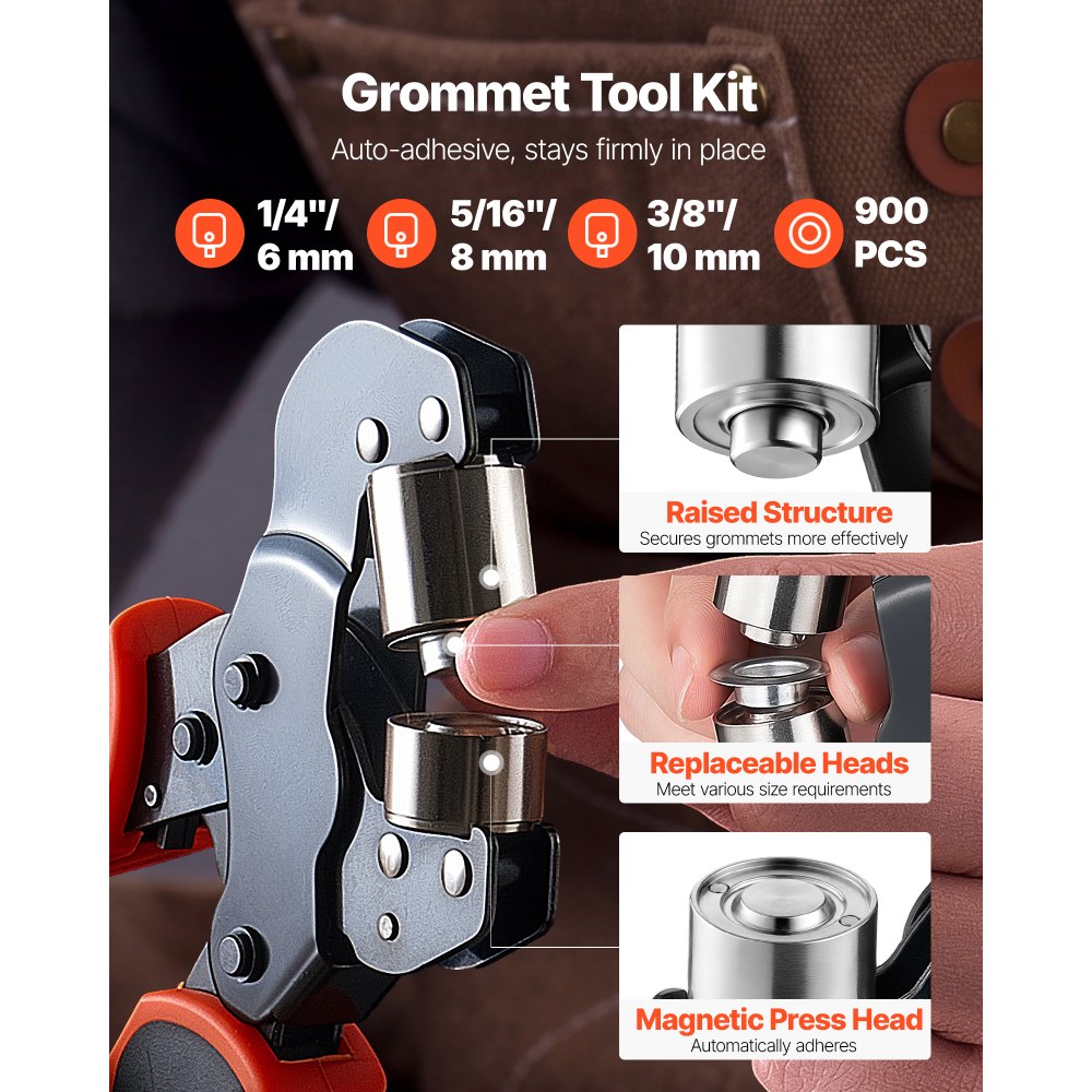 VEVOR Oogjestang 900-delige set, oogjes 6 mm, 8 mm, 10 mm, magnetische oogjespers, stalen oogjespons met magnetische kop, antislip handgreep, geschikt voor leer, zeilen, schoenen, knutselwerk en textiel