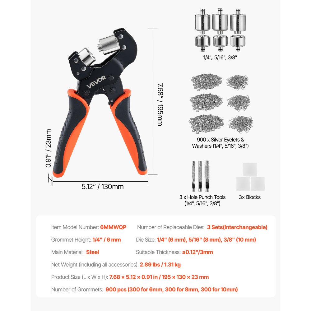 VEVOR Oogjestang 900-delige set, oogjes 6 mm, 8 mm, 10 mm, magnetische oogjespers, stalen oogjespons met magnetische kop, antislip handgreep, geschikt voor leer, zeilen, schoenen, knutselwerk en textiel