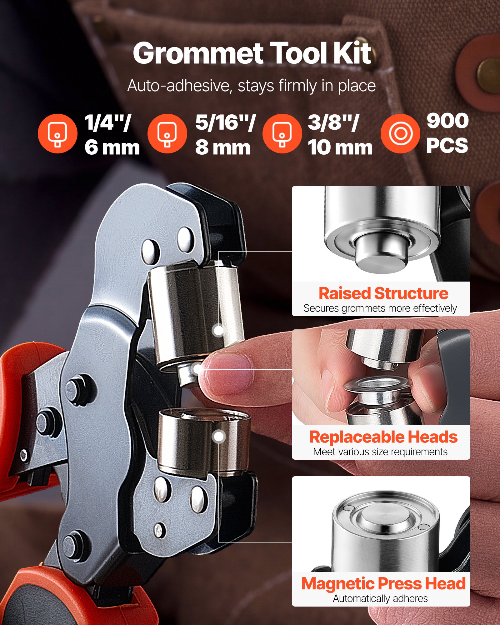 VEVOR Oogjestang 900-delige set, oogjes 6 mm, 8 mm, 10 mm, magnetische oogjespers, stalen oogjespons met magnetische kop, antislip handgreep, geschikt voor leer, zeilen, schoenen, knutselwerk en textiel