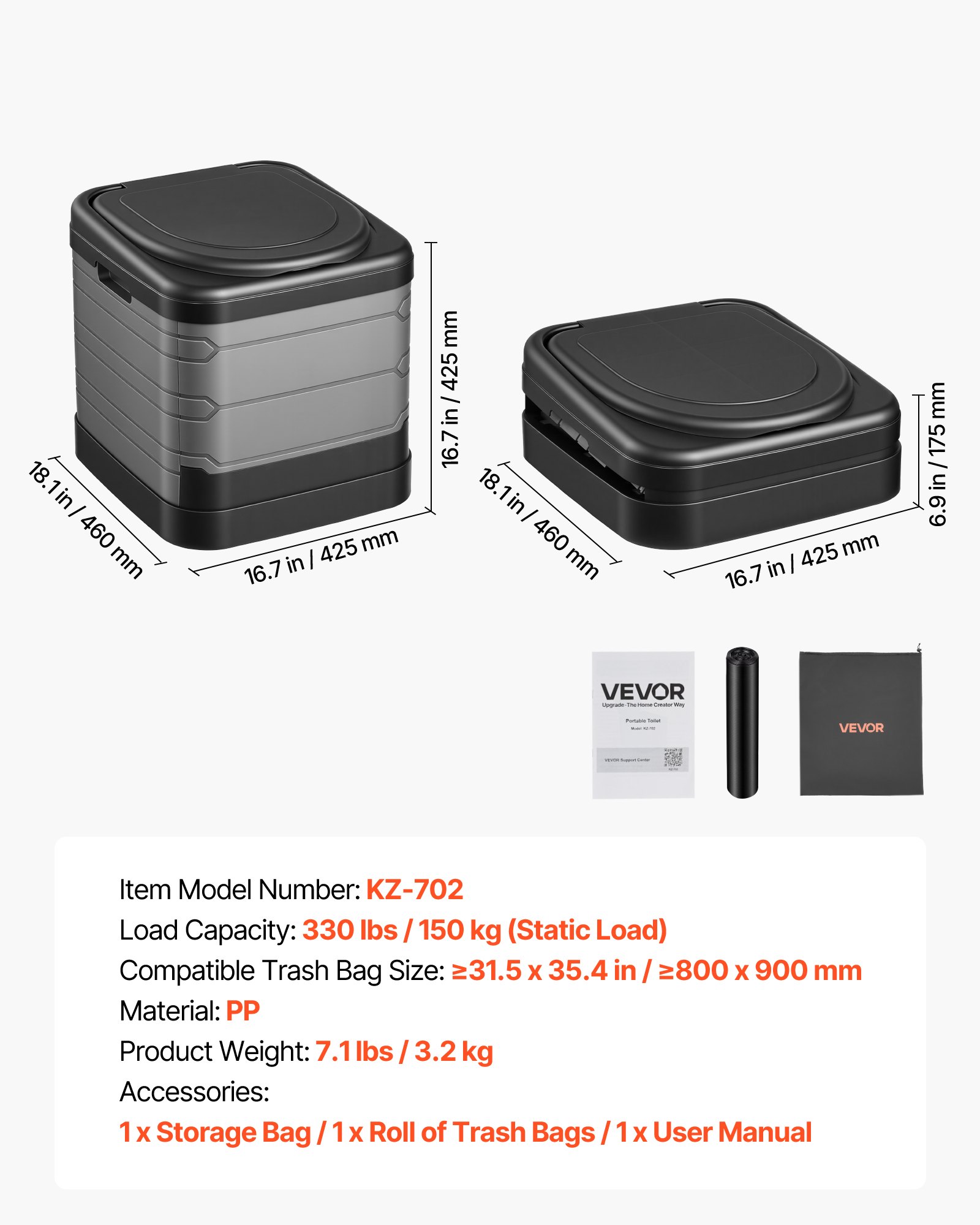 VEVOR Portable Toilet, 330 lbs Load Capacity, Folding Camping Toilet for Adults, Outdoor Travel Potty with Carry Bag, Trash Bags, Suitable for Home Use, RV Travel, Camping, Hiking, Boating, Car, Trips