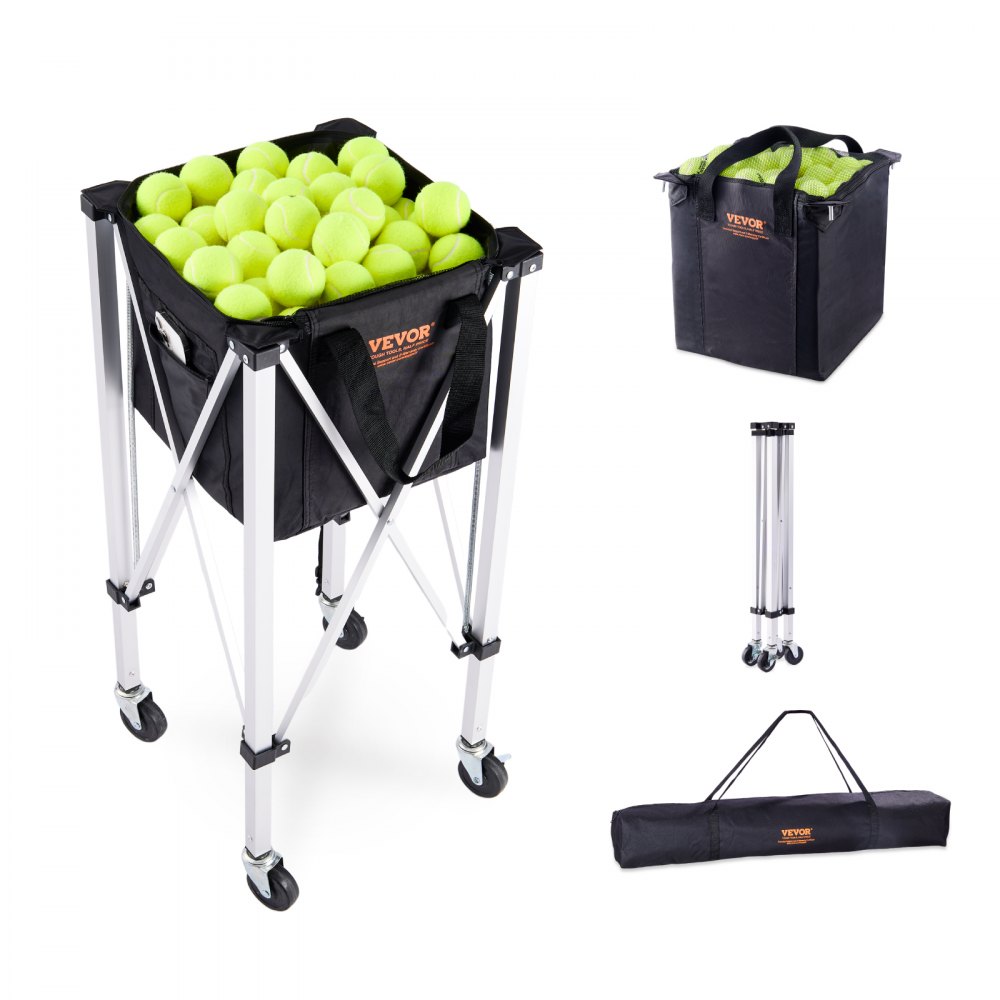 VEVOR tennis ball hopper with wheels, a collapsible basket, and a carrying bag filled with tennis balls.