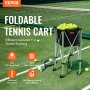 VEVOR tennis ball hopper with foldable aluminum frame, nylon basket, and swivel wheels on tennis court.