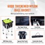 VEVOR tennis ball hopper with 600d nylon fabric, dual zipper, fixed strap, side pocket, and handle.